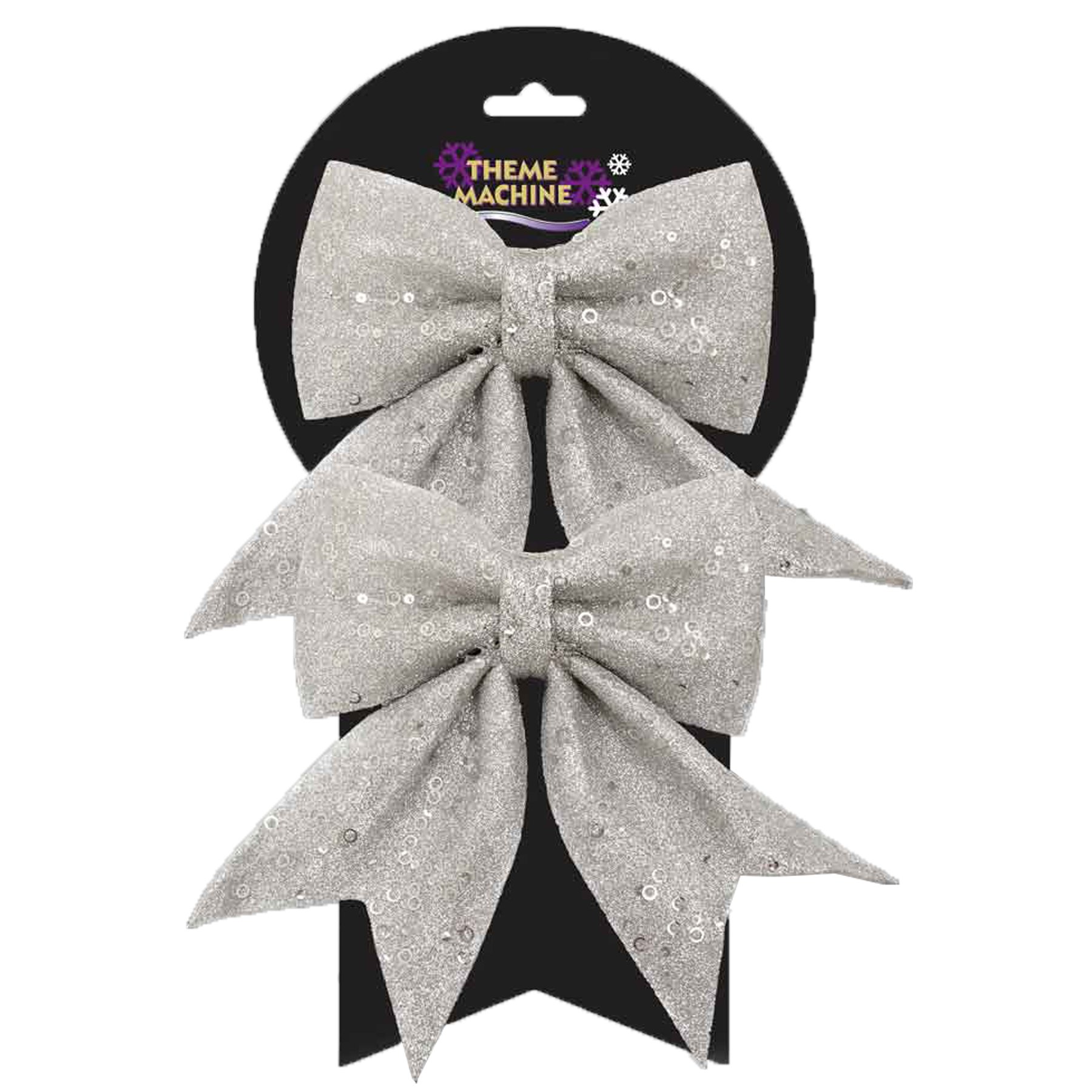 Theme Machine Silver Christmas Tree Decoration 2 Pack 16Cm Glitter & Sequin Bows