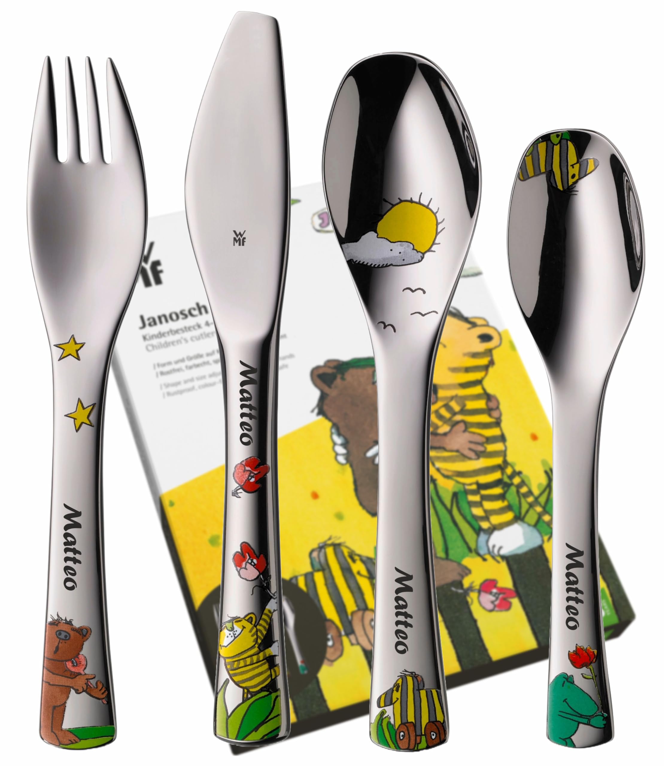 Posate per bambini WMF Janosch con incisione del nome - bellissimo set di posate per bambini - regali di battesimo personalizzati con incisione, idee regalo per bambine e bambini dai 3 anni