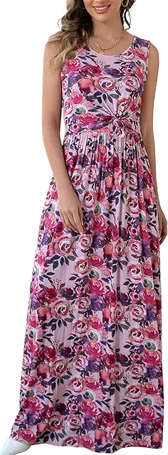 Women's Maternity Nursing Maxi Dress: Sleeveless Breastfeeding Dress with Pockets