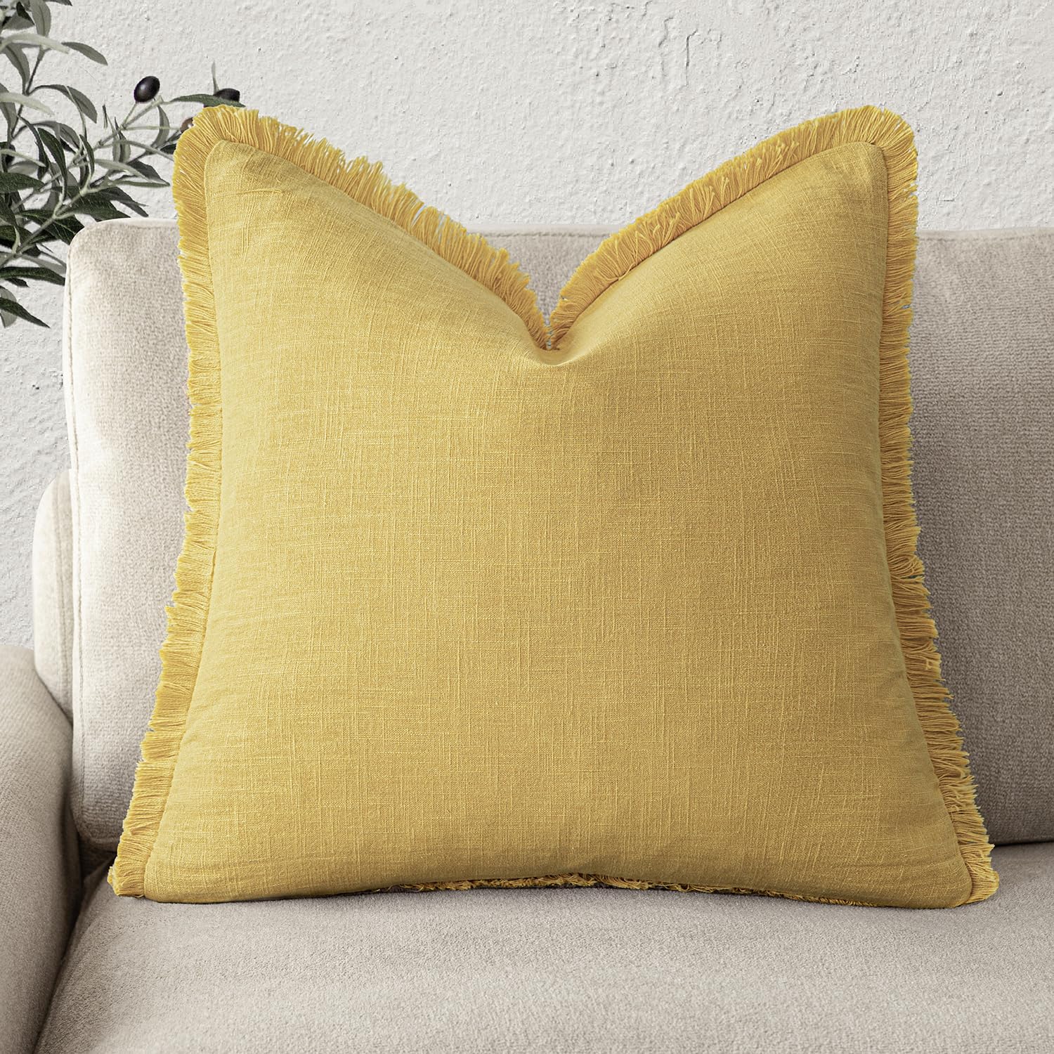 Foindtower Decorative Linen Fringe Throw Pillow Covers Cozy Boho Farmhouse Cushion Cover with Tassels Accent Pillowcase for Chair Sofa Bed Living Room Home Decor, 20×20 Inch,1PC,Ginger Yellow