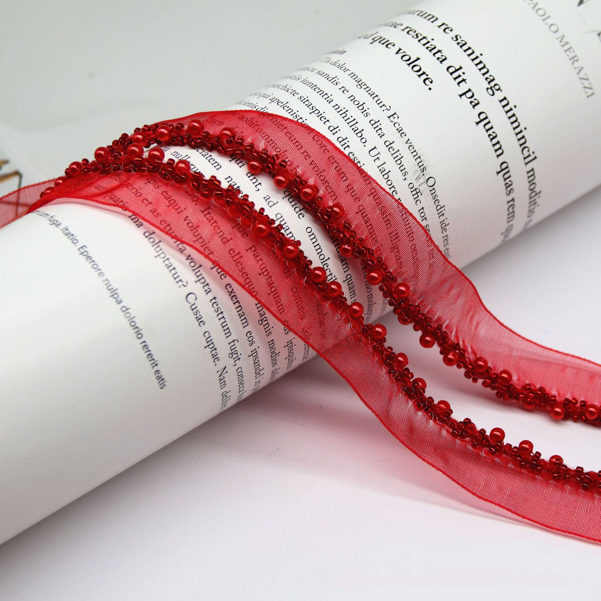 Yalulu 10 Yards Pearl Beads Lace Edge Trim Ribbon, Pearl Beaded Edge Fabric Embroidered Applique Lace Edging Trimmings (Red)