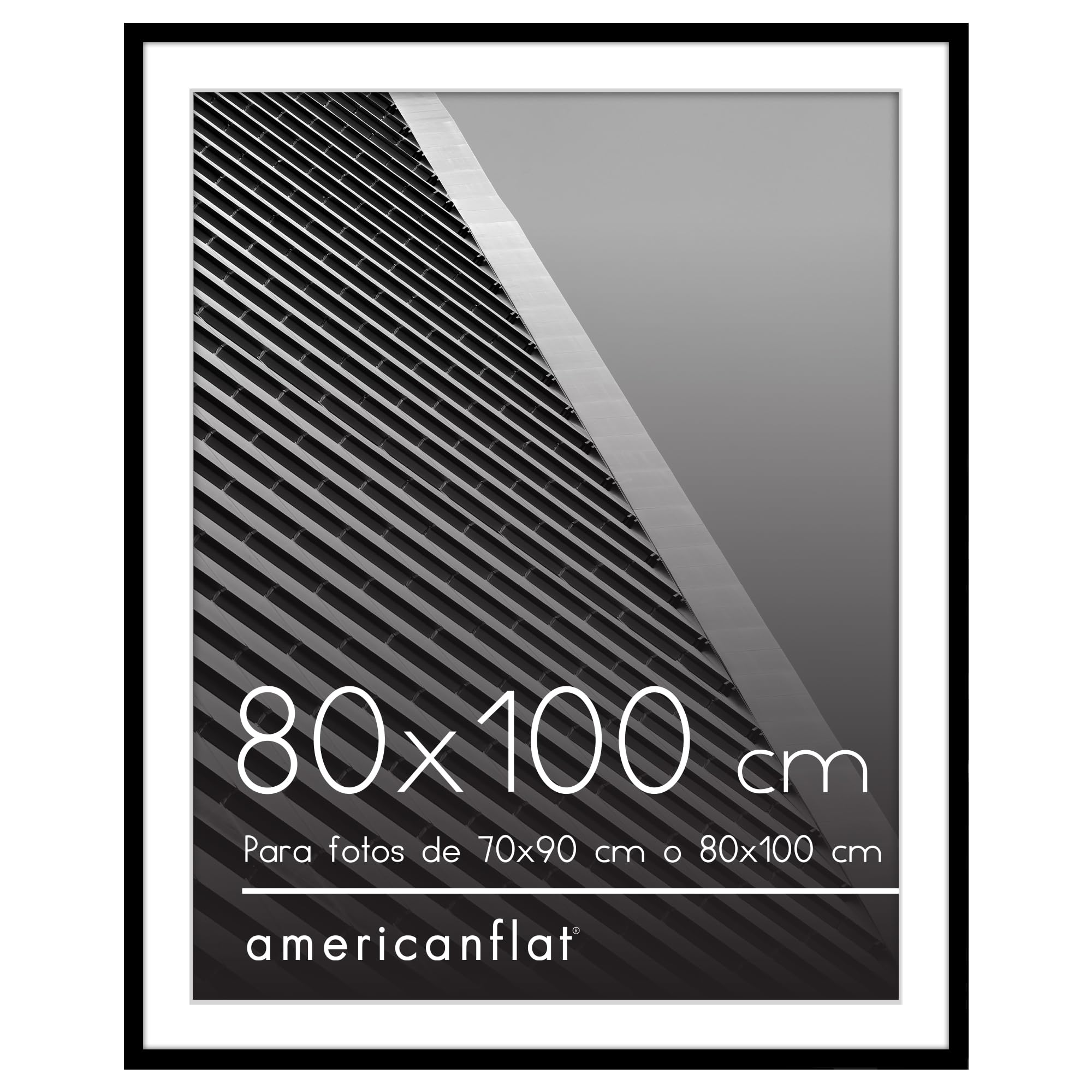 Americanflat Marco de Fotos de 80x100 cm en Negro Marco de 70x90 cm con Paspartú o Marco de 80x100 cm Sin Paspartú Marco de Fotos con Molduras Finas y Plexiglás Horizontal o Vertical Marco Pared