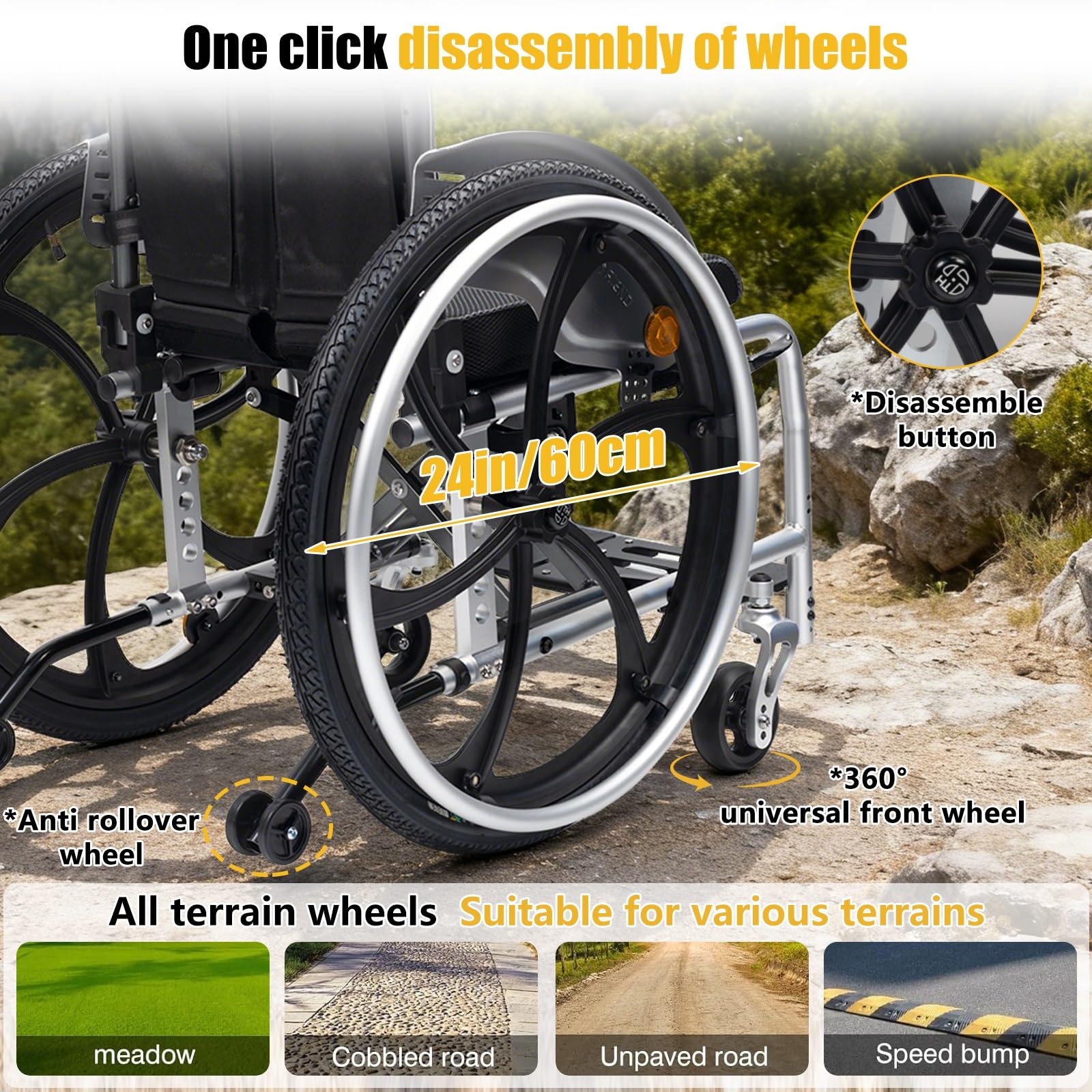 Sedia a rotelle sportiva pieghevole e leggera for tutti i terreni, sedia a rotelle in alluminio, sedia manuale autopropulsa con dispositivo antiribaltamento, facile da montare(42cm/16.5in)
