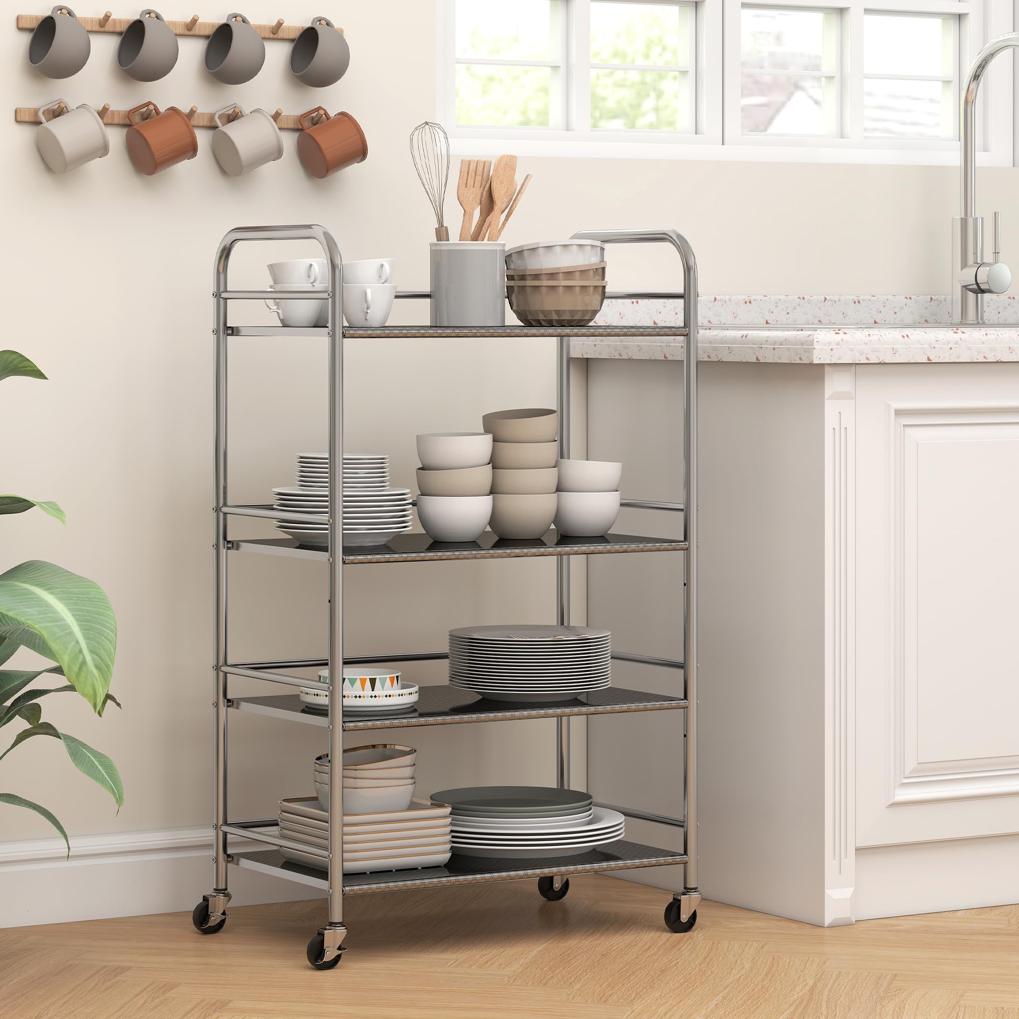 HOMCOM Carrello da Cucina a 4 Livelli con 2 Ripiani Regolabili e Bordi Rialzati, Carrello Cucina Salvaspazio in Acciaio Inox 201 con 4 Ruote e 2 Freni, 60x35x100 cm, Argento