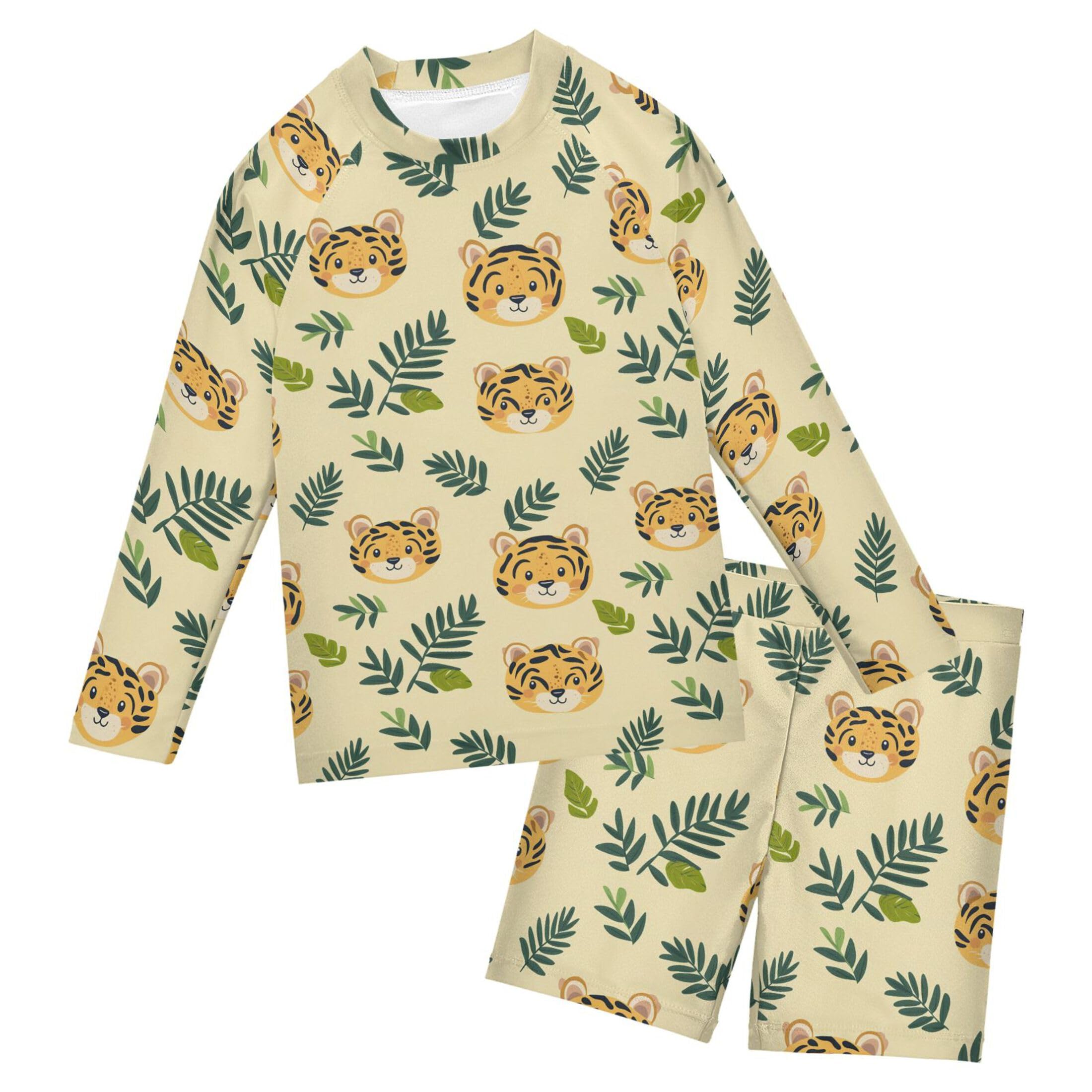 Cute Tiger Boys Rash Guard Swimsuits Set for Boys Long Sleeve Swim Shirts Bathing Suits with Trunks B0404233