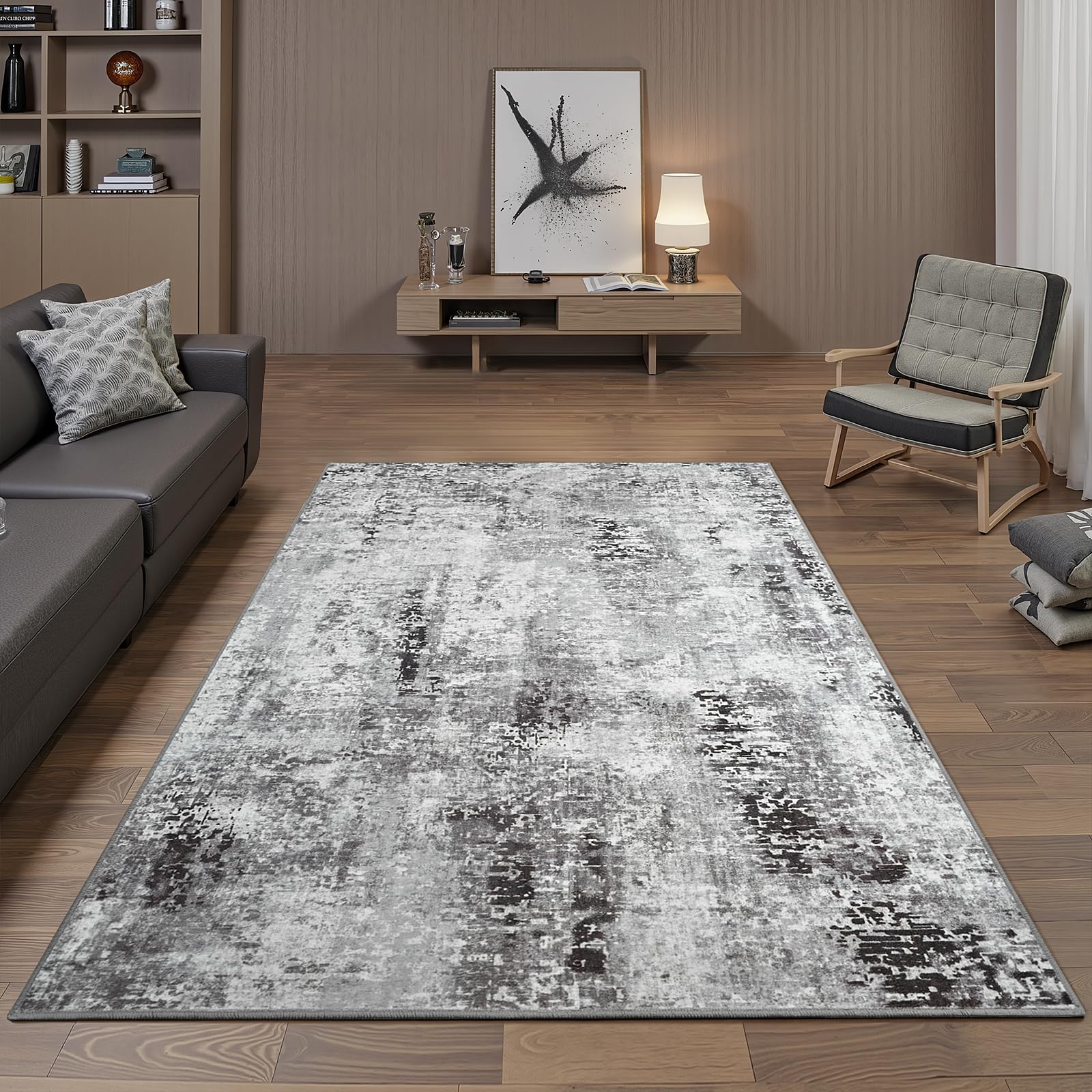 Flagover 4x6 Dark Grey Washable Area Rug for Living Room Bedroom, Modern Abstract Non-Slip Rugs, Low Pile Soft Stain Resistant Carpet for Dining Room,