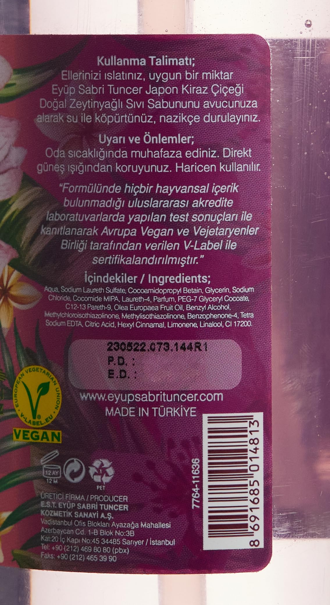 Eyüp Sabri Tuncer Doğal Zeytinyağli Sıvı Sabun Japon Kiraz Çiçeği (500 ml) 2li paket