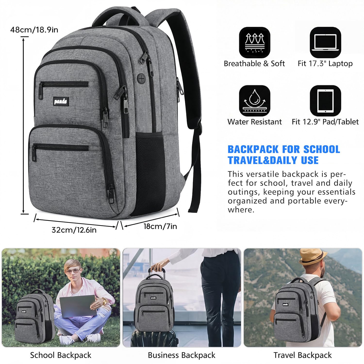 Paude Mochila para ordenador portátil de 17,3 pulgadas, mochila escolar grande para adolescentes y adultos, mochila de trabajo para estudiantes de secundaria, universitarios y profesionales