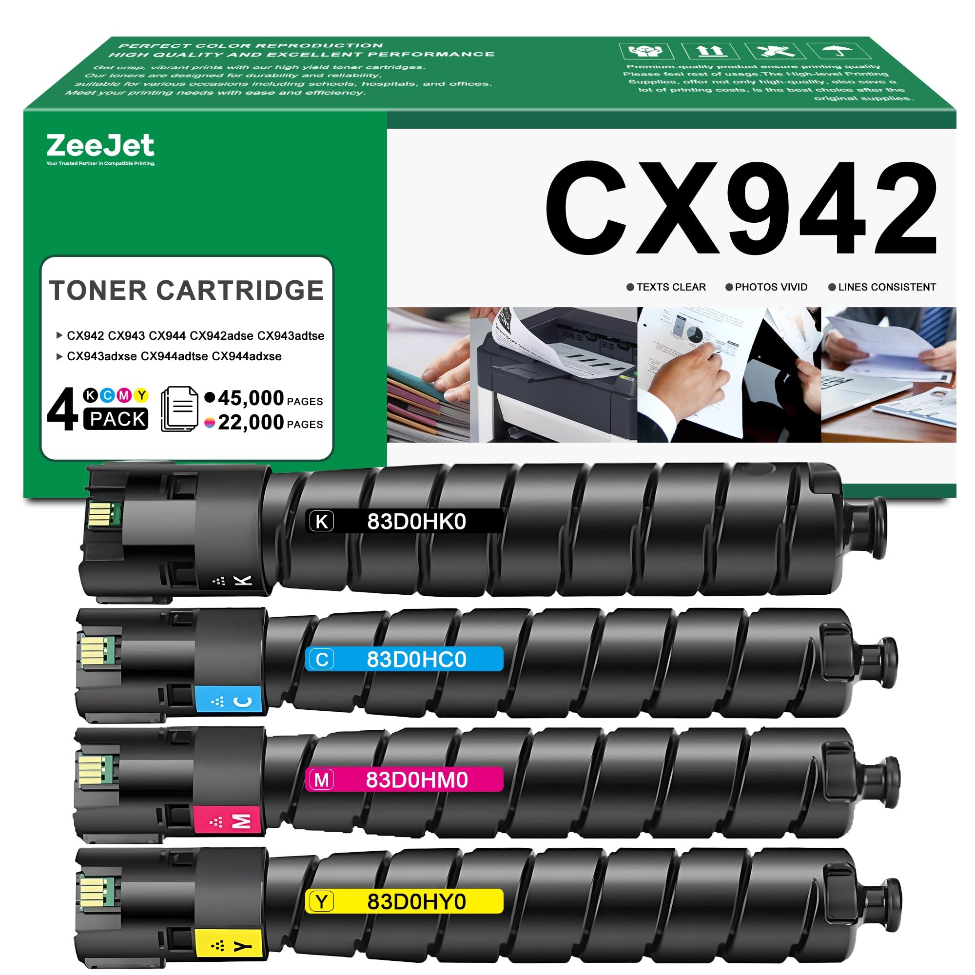 CX942 CX943 CX944 Toner Cartridges Set High-Yield Replacement for Lexmark 83D0HK0 83D0HC0 83D0HM0 83D0HY0 Toner Cartridge for CX942adse CX943adtse CX943adxse CX944adtse CX944adxse Printer Ink 4-Color
