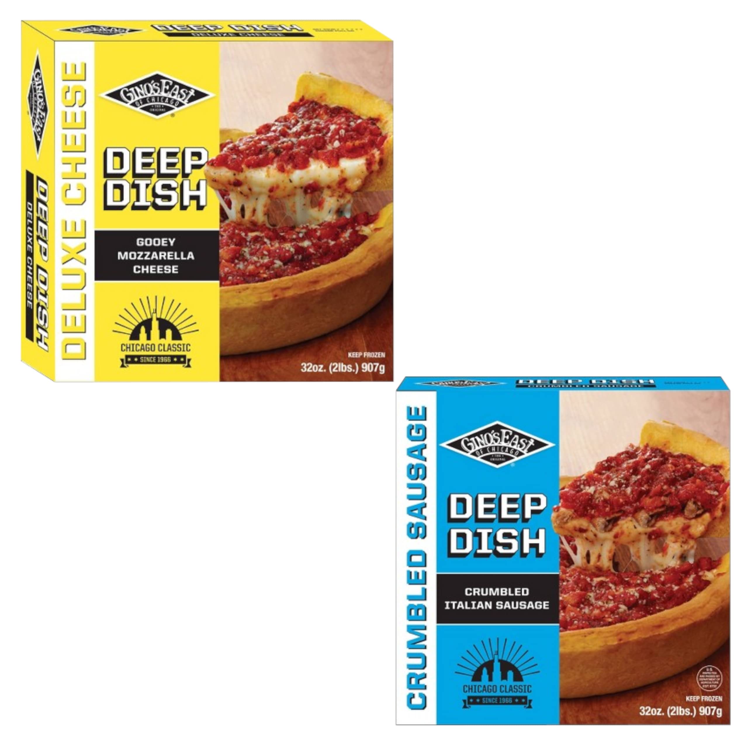 Gino's East Deep Dish Pizzas Variety Pack - Crumbled Italian Sausage - Gooey Mozzarella Cheese - Chicago Classic - Ready Set Gourmet Donate a Meal Program - 1 Box of Each, 2 Total