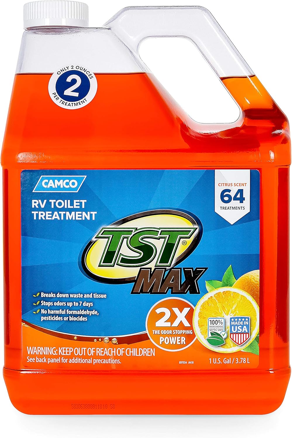 Camco 41197 TST Ultra-Concentrate Orange Scent RV Toilet Treatment, Formaldehyde Free, Breaks Down Waste And Tissue, Septic Tank Safe, Treats up to 16-40 Gallon Holding Tanks (1 Gal) : Automotive