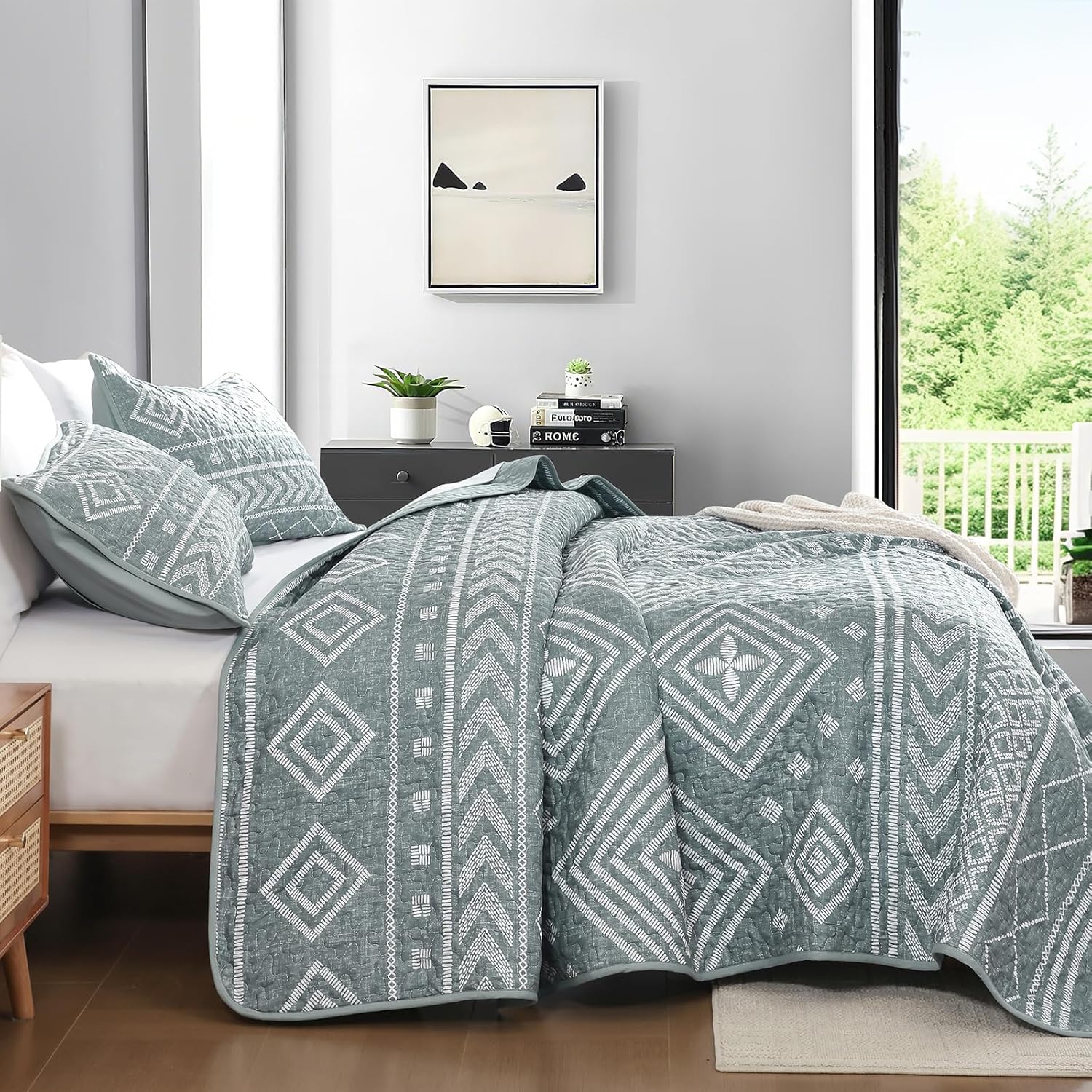 Yiran Grayish Blue Boho Quilt Set Queen Size, Stripe Bedspreads Bedding Set, Aztec Bohemian Lightweight Coverlet Set with 2 Shams for Bed 96x90 Inch - Image 6