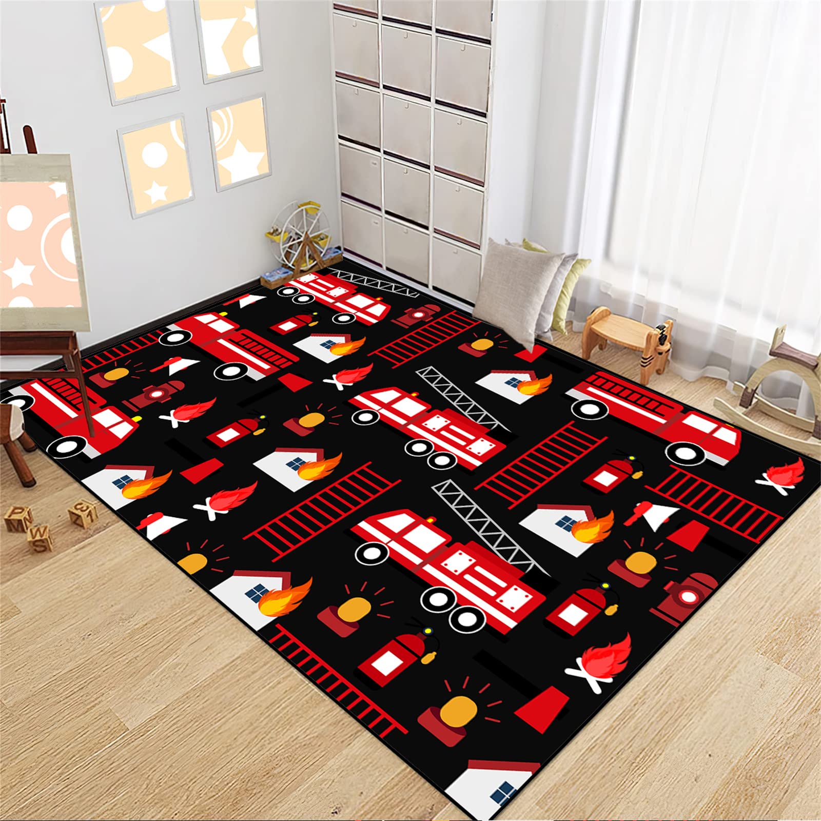 Car Rug for Boys Room - Fire Fighting Truck Rug for Kids Bedroom Car Carpet for Kids Playroom Play Mat Floor Mat for Bedroom Living Room, Black 3'×5'