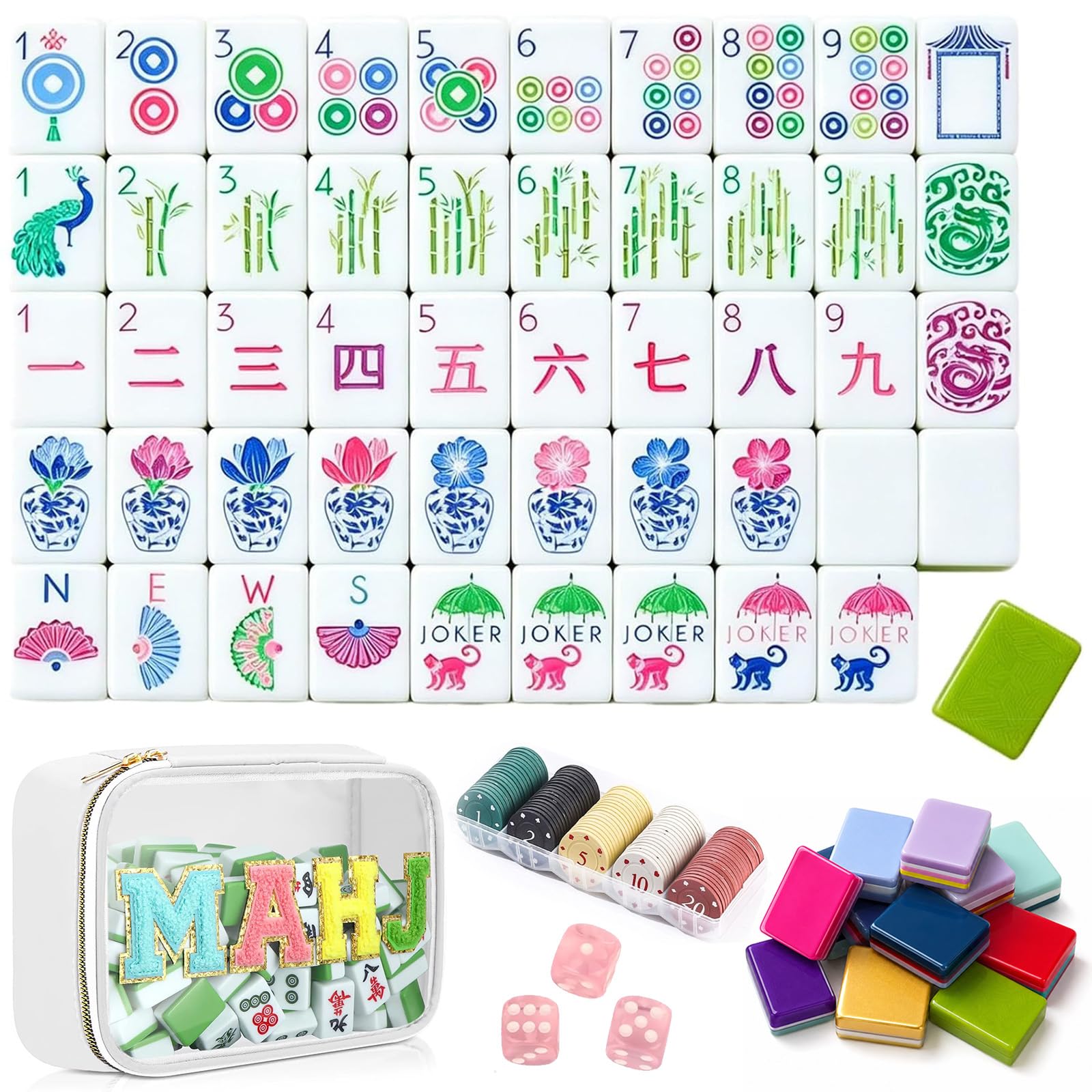 4 Layer Mahjong Tiles, 160 PCS Premium Acrylic Mahjong Tile Set with Clear Engraved Layered Tiles, American Mahjong Set with Dice & Carrying Bag, forTravel Game Nights Family Gatherings (set-7)