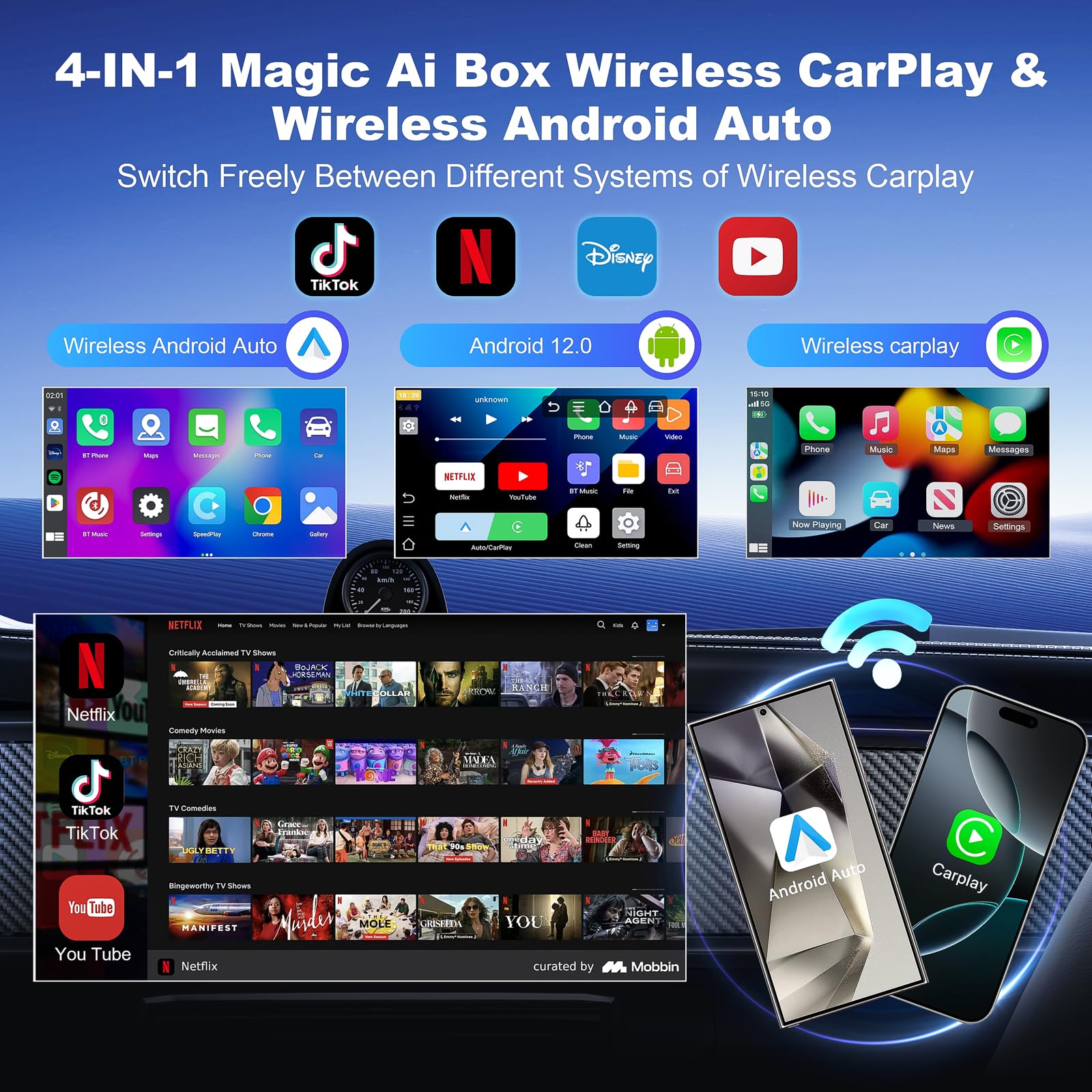5in1 Wireless CarPlay& Android Auto Adapter mit Unterstützung für Netflix/YouTube,carPlay AI Box Convert Car Play Dongle TF Karte/USB Stick Magic Link für für iOS 10+/Android 11+ & Autos ab 2016