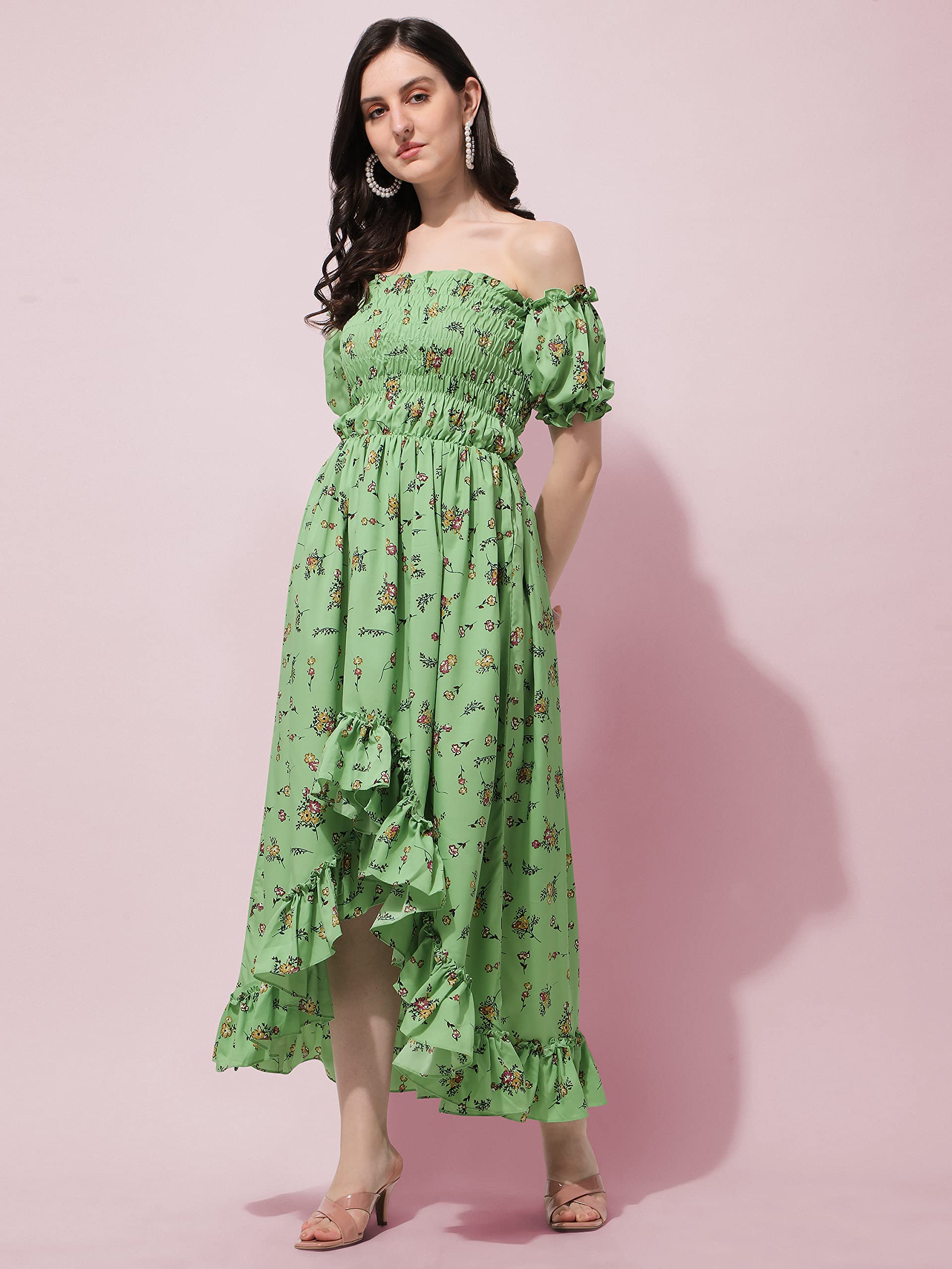 Oomph Flared Dress For Women Stylish | Long One Piece For Women | Off Shoulder Puff Sleeve Long Dress | Floral Print Maxi One Piece | Western & Fusion Wear Bohemian Style