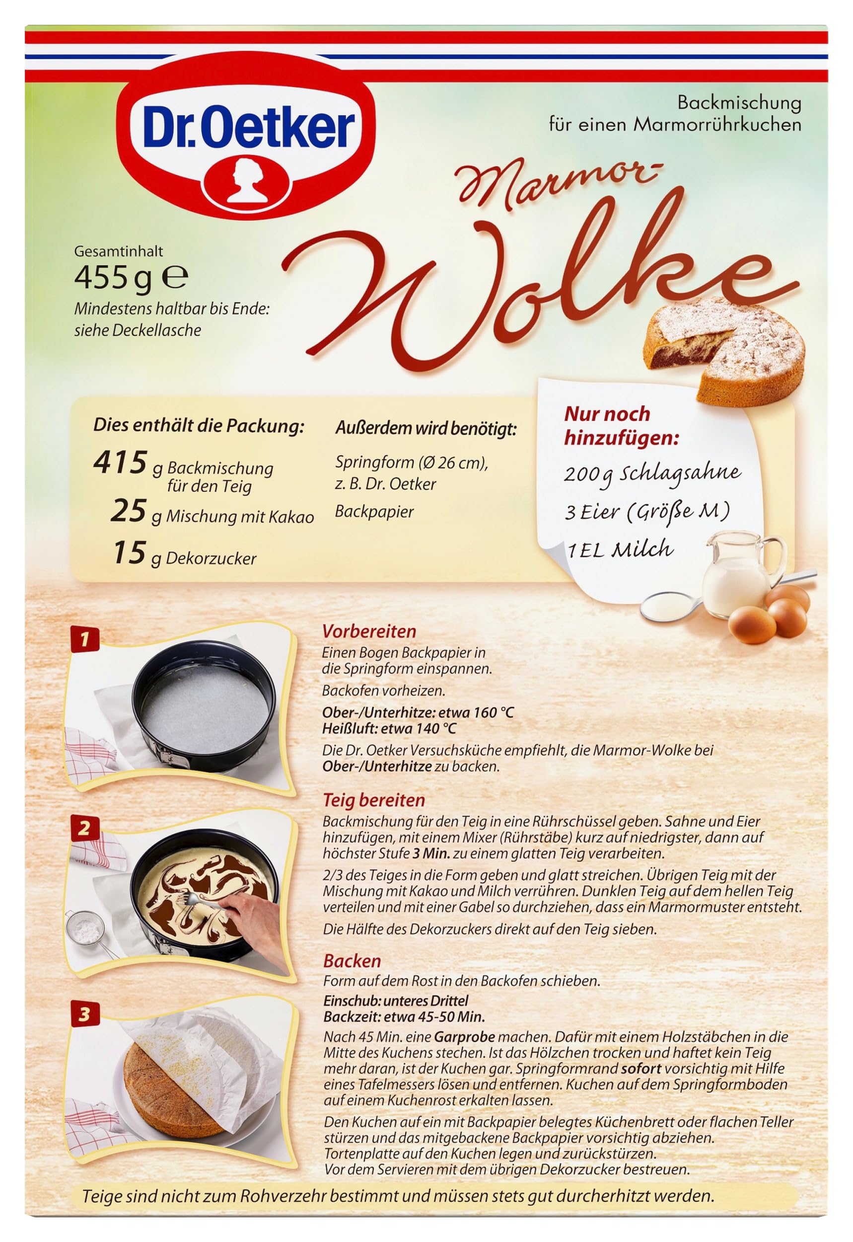 Dr. Oetker Marmor-Wolke, 8 x 455 g, Backmischung für besonders luftig-lockeren Rührkuchen, zum Zubereiten von besonders lockerem und saftigem Marmorkuchen, mit Dekorzucker