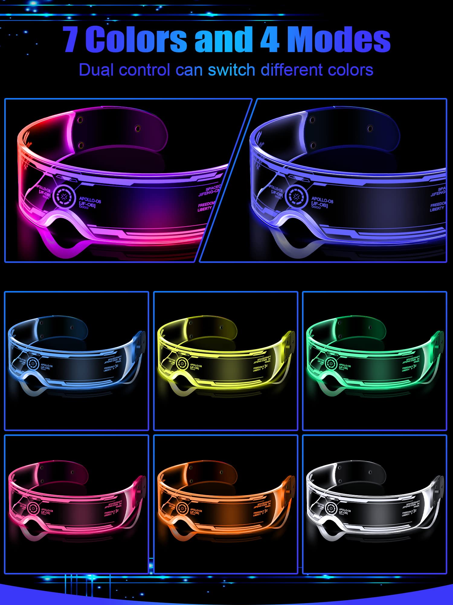 TOODOO 2 Pairs LED Visor Glasses 7 Colors Futuristic Glasses 4 Modes Light Up Glasses