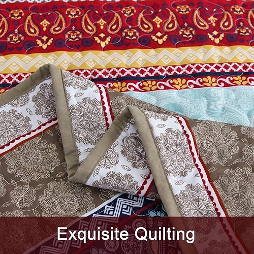 Miniatura 8 de WONGS BEDDING Juego de edredón bohemio tamaño King, juego de ropa de cama de 3 piezas de estilo bohemio marrón, juego de colcha de microfibra ligera