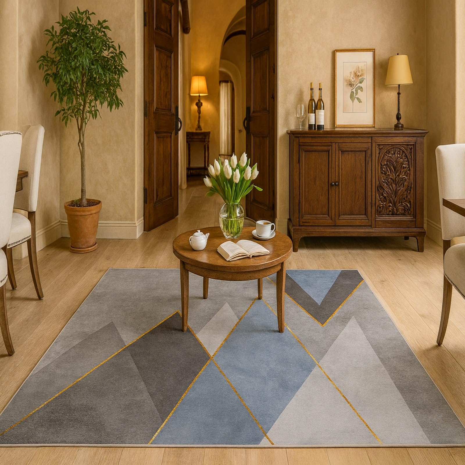 Tapis couloir antidérapant lavable en machine avec motifs géométriques gris