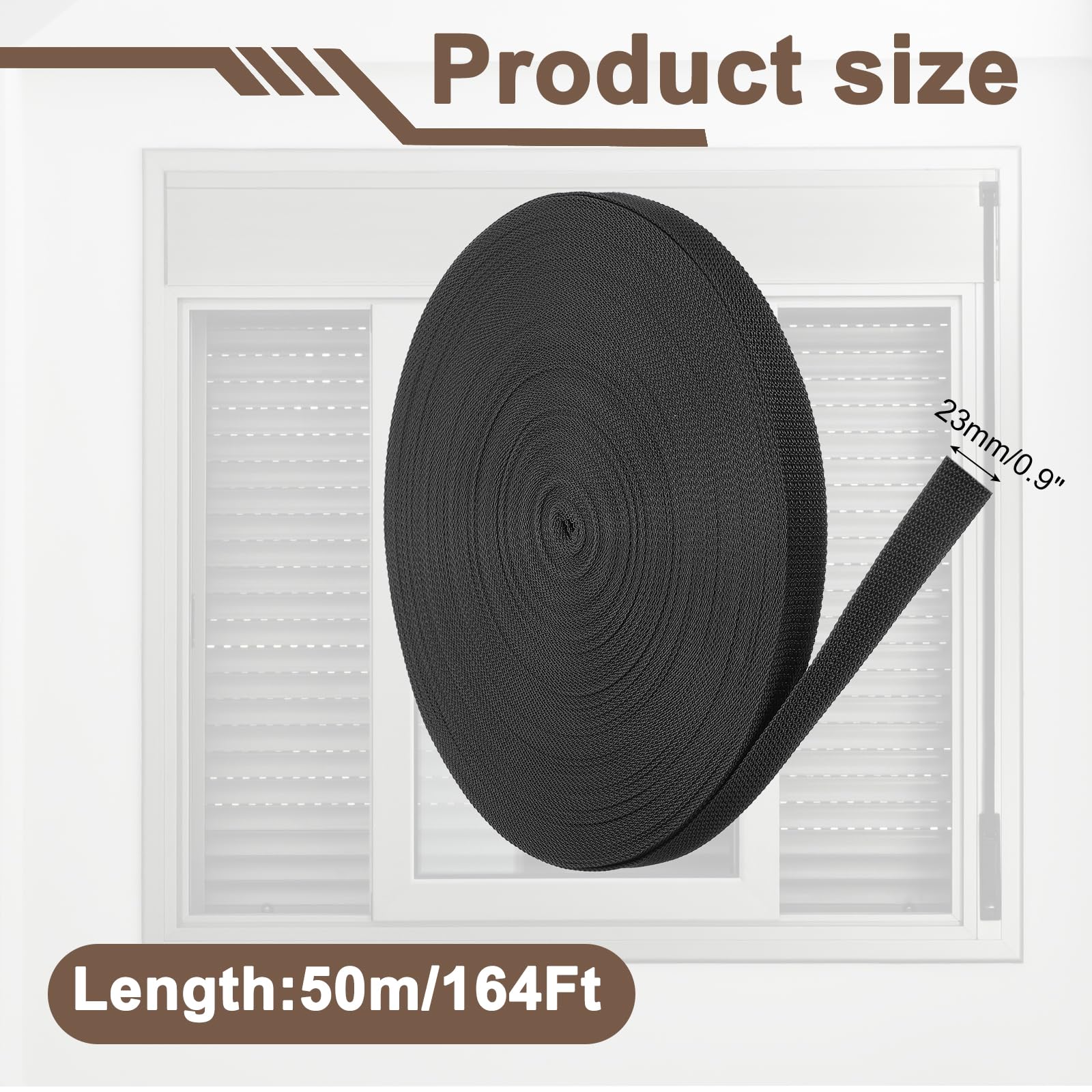 QUARKZMAN Sangle pour Volet Roulant 50M 23 mm pour les Enrouleurs Noir