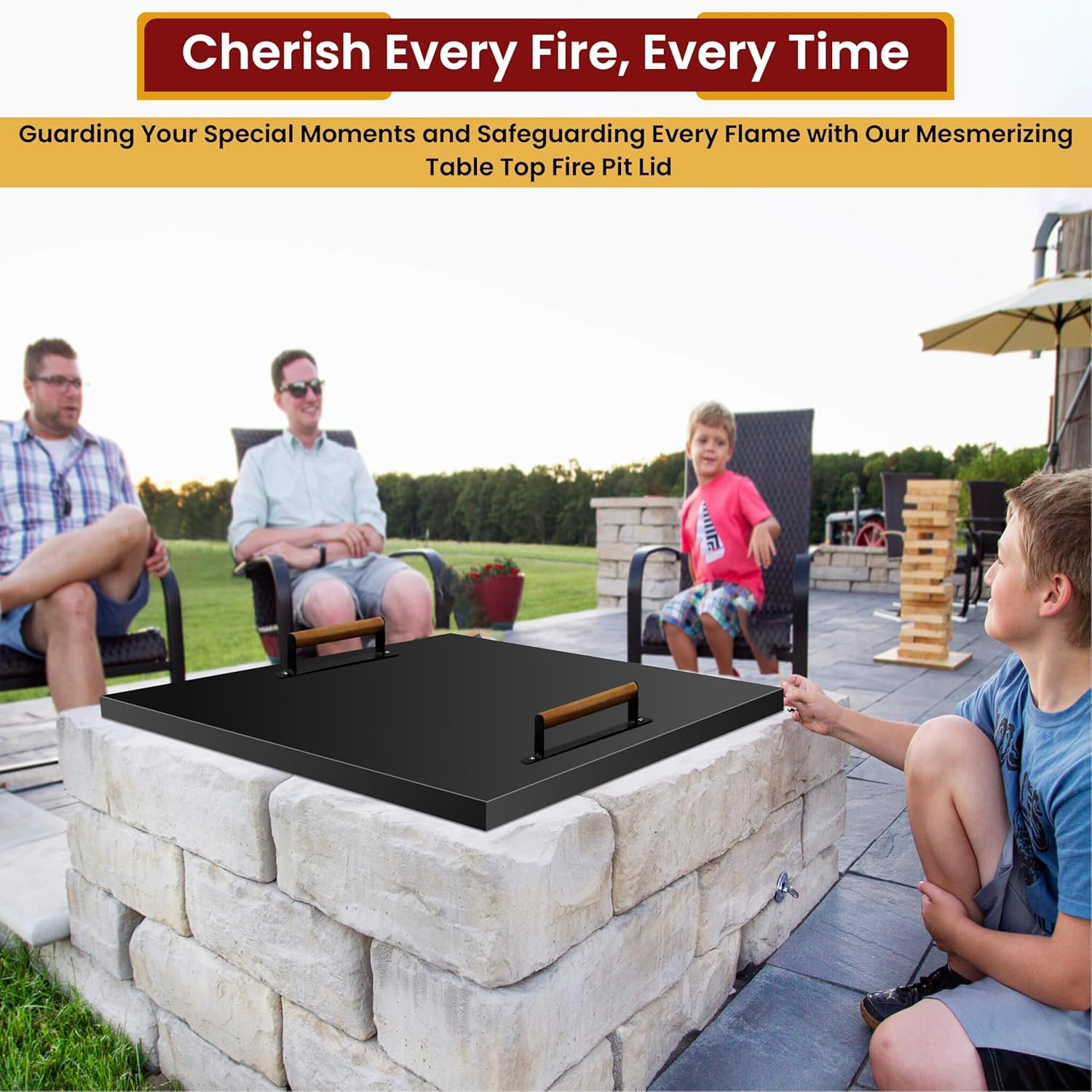 Febtech - 38 inch Square Fire Pit Lid Fit for 36" Fire Ring - 1.5mm Steel Fire Pit Lid - Firepit Insert Square Drop-in Pan Burner Lid W/ Dual Wooden Handles Snuffer Lid for Patio Firepit Ring
