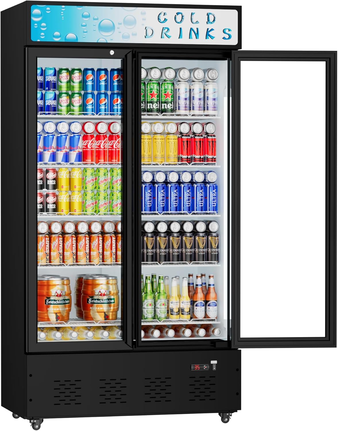 Commercial Beverage Refrigerator, 30 Cu.ft. Fridge Display Glass Door Upright Display Door with Adjustable Shelves LED Light for Restaurant,Grocery Stores,Office
