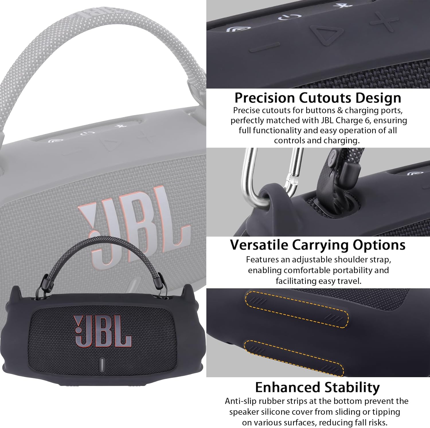 khanka for JBL Charge 6 Waterproof Portable Bluetooth Speaker Silicone Case,Soft Protective Sleeve Cover with Shoulder Strap for JBL Charge 6 Speaker (Black) - Image 5
