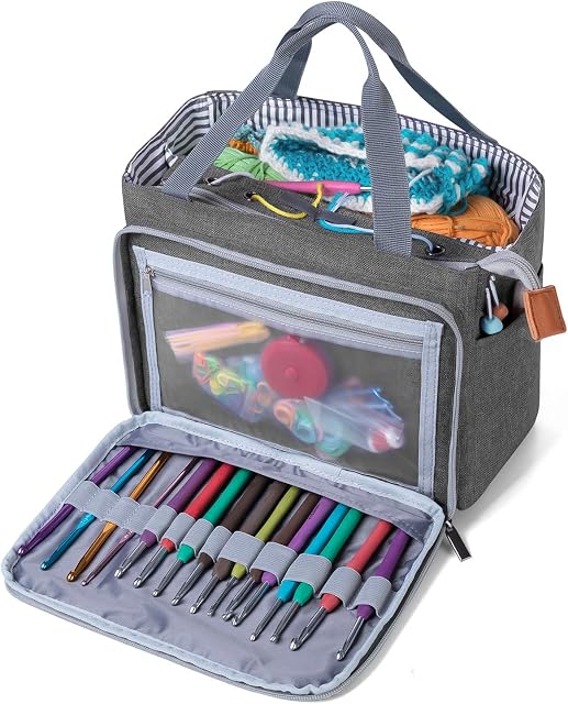 Luxja Crochet Tote Bag, Portable Yarn Storage Bag, Knitting Bags for Carrying Projects, Knitting Needles and Crochet Accessories, Grey (Accessories Not Included)