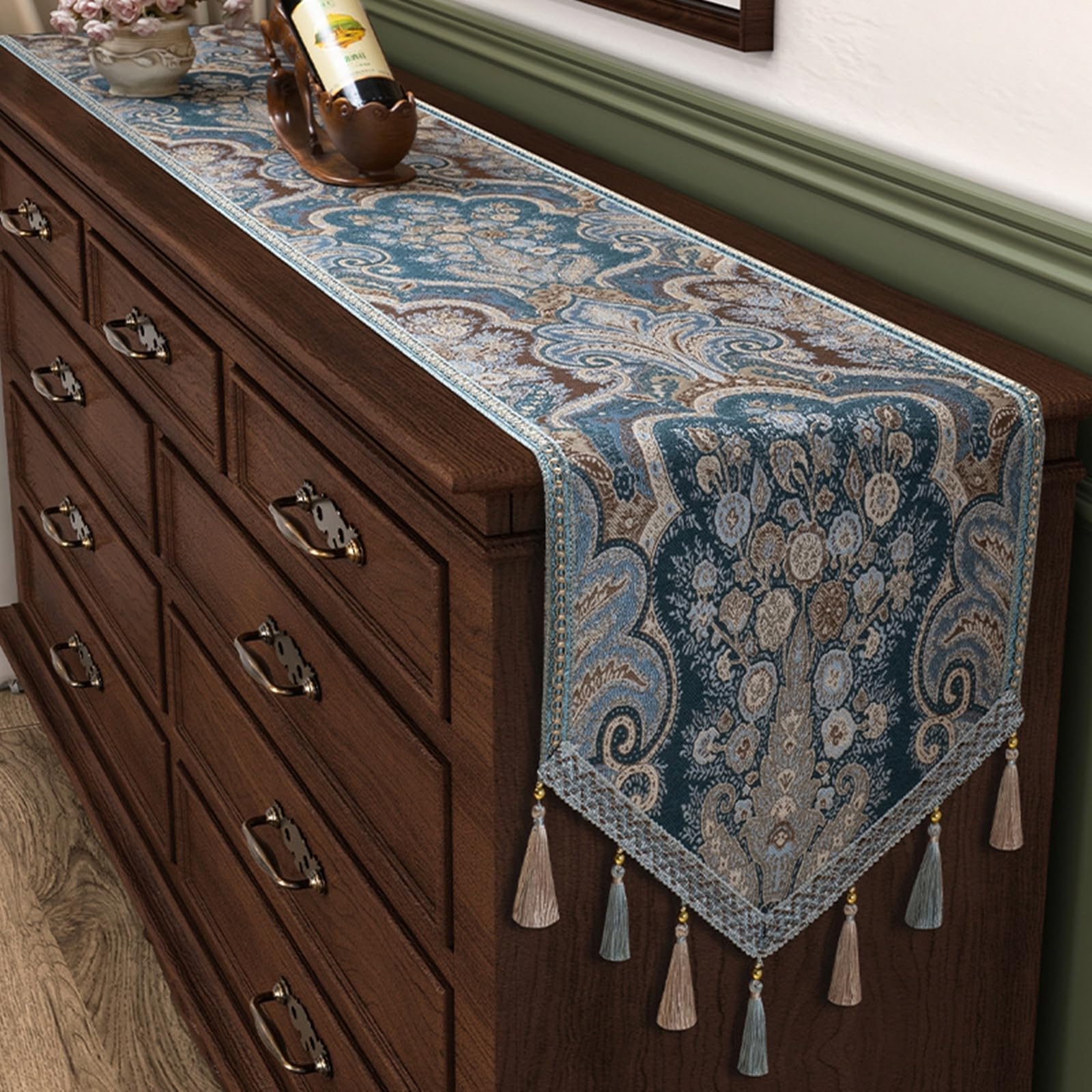 Tischläufer Polyester Wohnzimmer, Tischläufer Modern Deko 35x220 cm, Floral Bestickt mit Quasten Nordisch