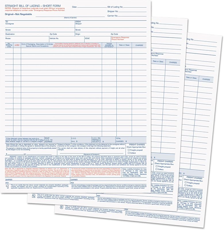 TOPS 3846 Bill of Lading,16-Line, 8-1/2 x 11, Three-Part Carbonless, 50 Forms
