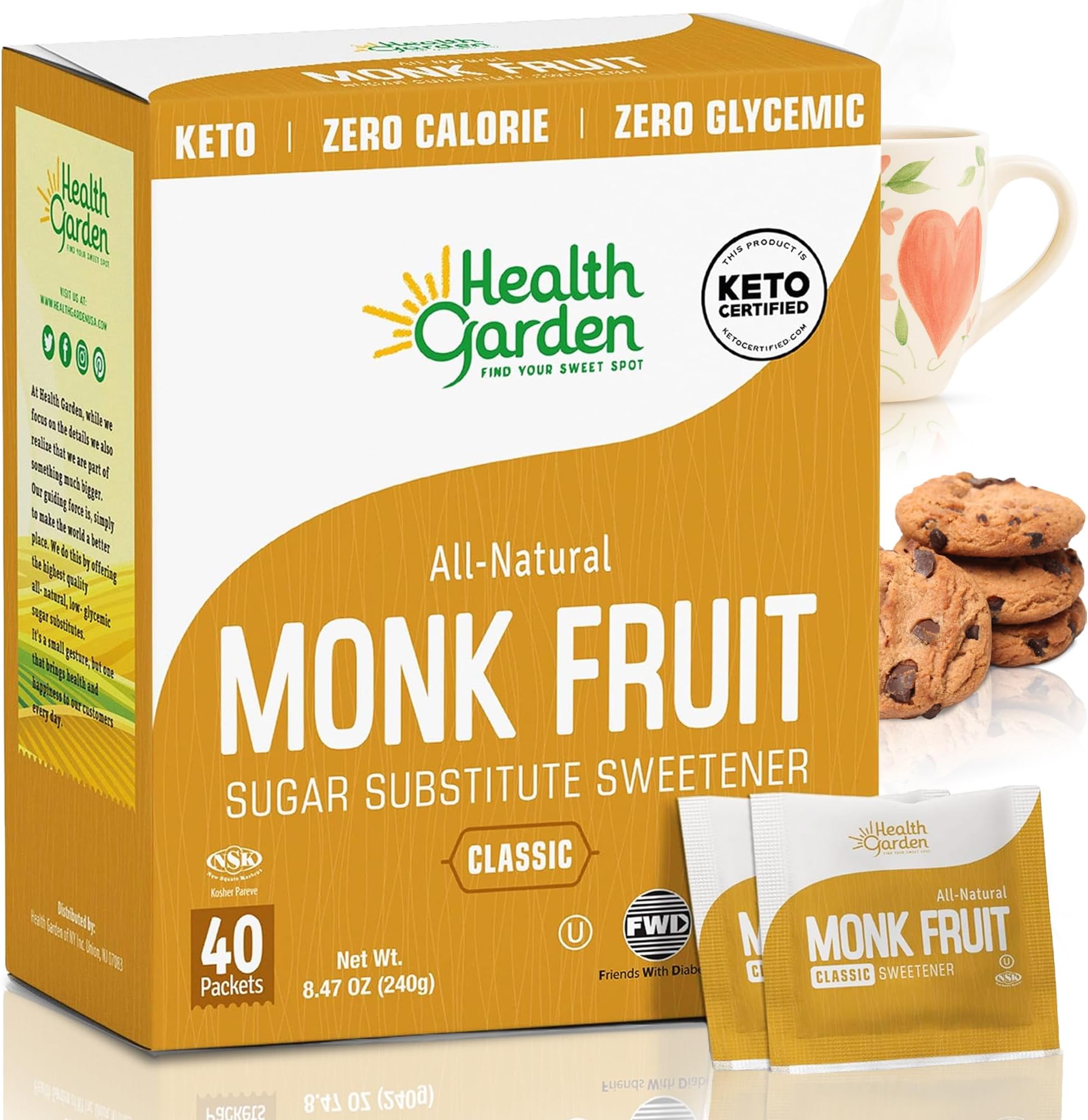 Health Garden Monk Fruit Sweetener, Classic Sugar Substitute – 40 Count Packets – 1:1 Monk Fruit Sugar Substitute with Erythritol, Zero Calorie Monkfruit Sweetener for Baking and Coffee, Keto Friendly, Non-GMO