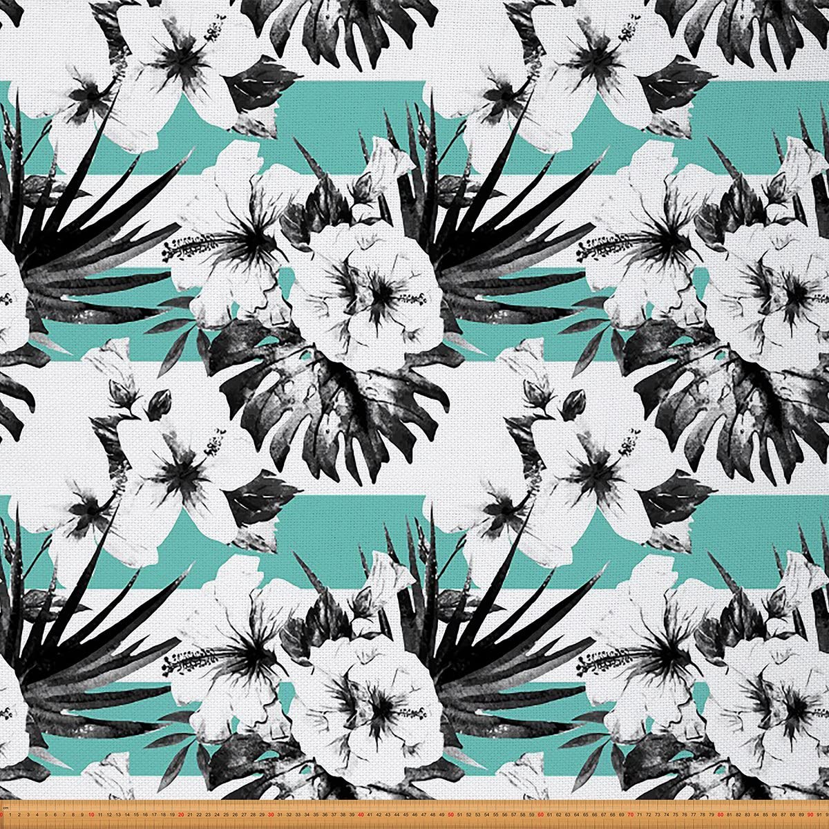 Floral Fabric by The Yard,Watercolor Hibiscus Flower Reupholstery Fabric for Chairs,Exotic Floral Palm Leaf Stripe Waterproof Outdoor Fabric,10 Yards,(L920*W150cm) White Teal — image 1