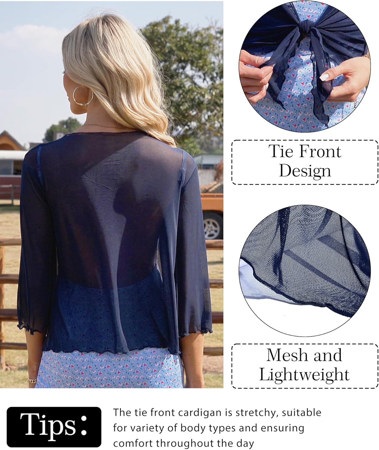 Women's Short Cardigan Bolero Shrug Sheer Tie Front Top 3/4 Sleeve Jacket for Dress - Image 6