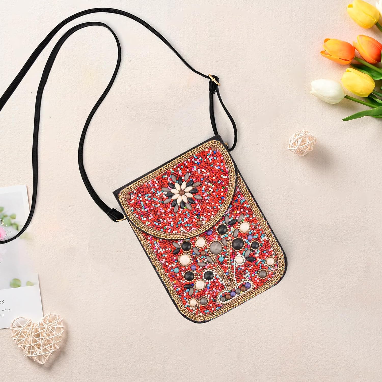 Small Beaded Crossbody Bag for Women, Boho Cell Phone Shoulder Purse Wallet with Handcrafted Colorful Beads - Image 3