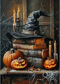 MEIYUDA Halloween Diamond Painting Kits for Adults, 5D Vintage Witch Hat Diamond Art Kits for Beginners, Pumpkins Magic Book DIY Full Diamonds Art Painting Kit for Home Wall Decor Gift 12x16in