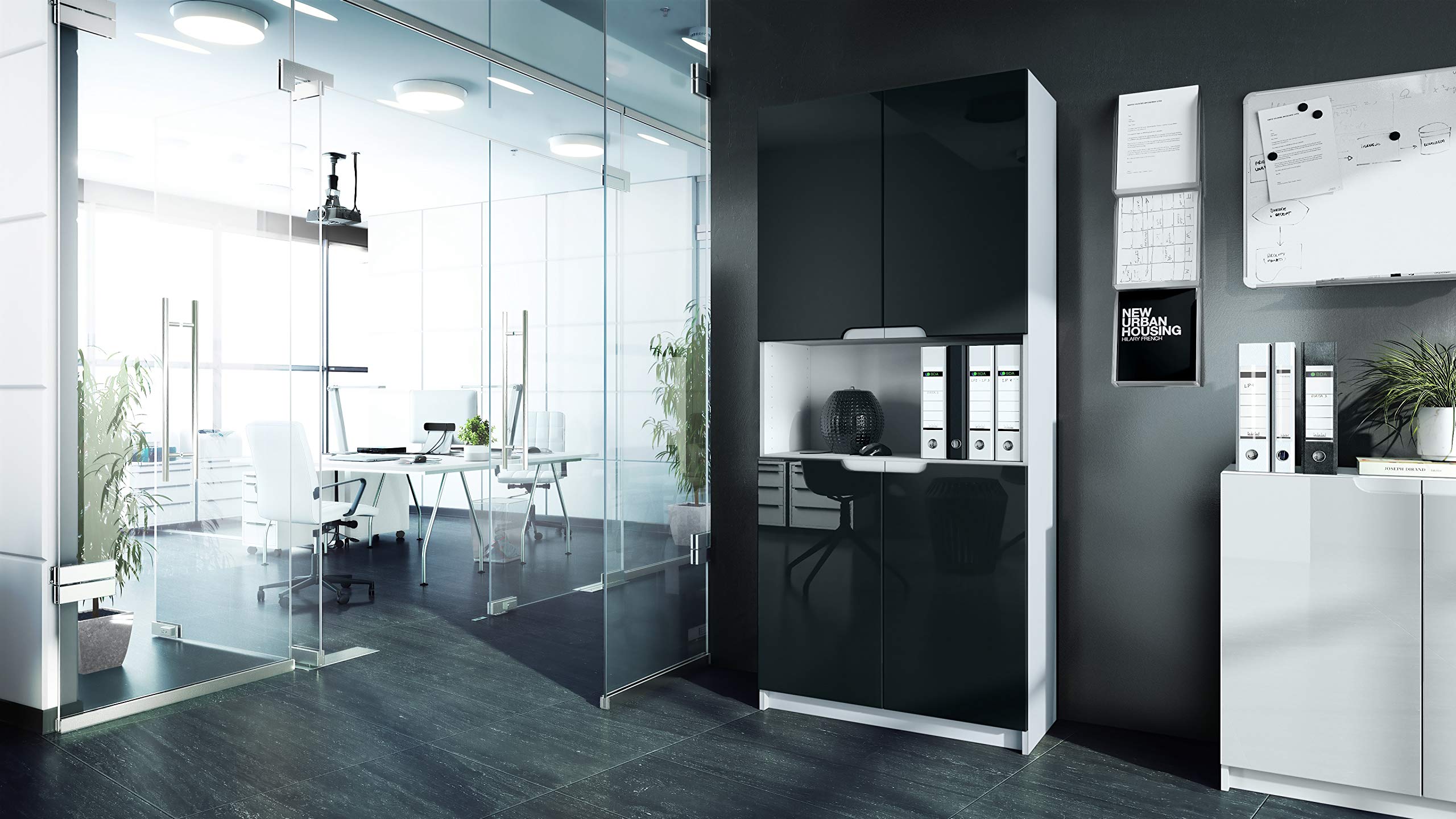 Vladon Logan V2, mobile per ufficio, schedario con 5 scomparti e 4 ante, bianco opaco/nero lucido (82 x 184 x 37 cm)