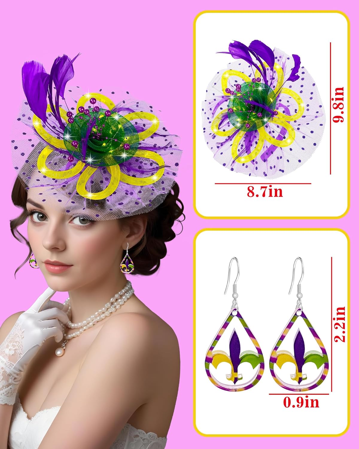 Mardi Gras Fascinator Hat for Women LED Light up Tea Party Hats Mesh Veil Headband Cocktail Hat Halloween Party - Image 2