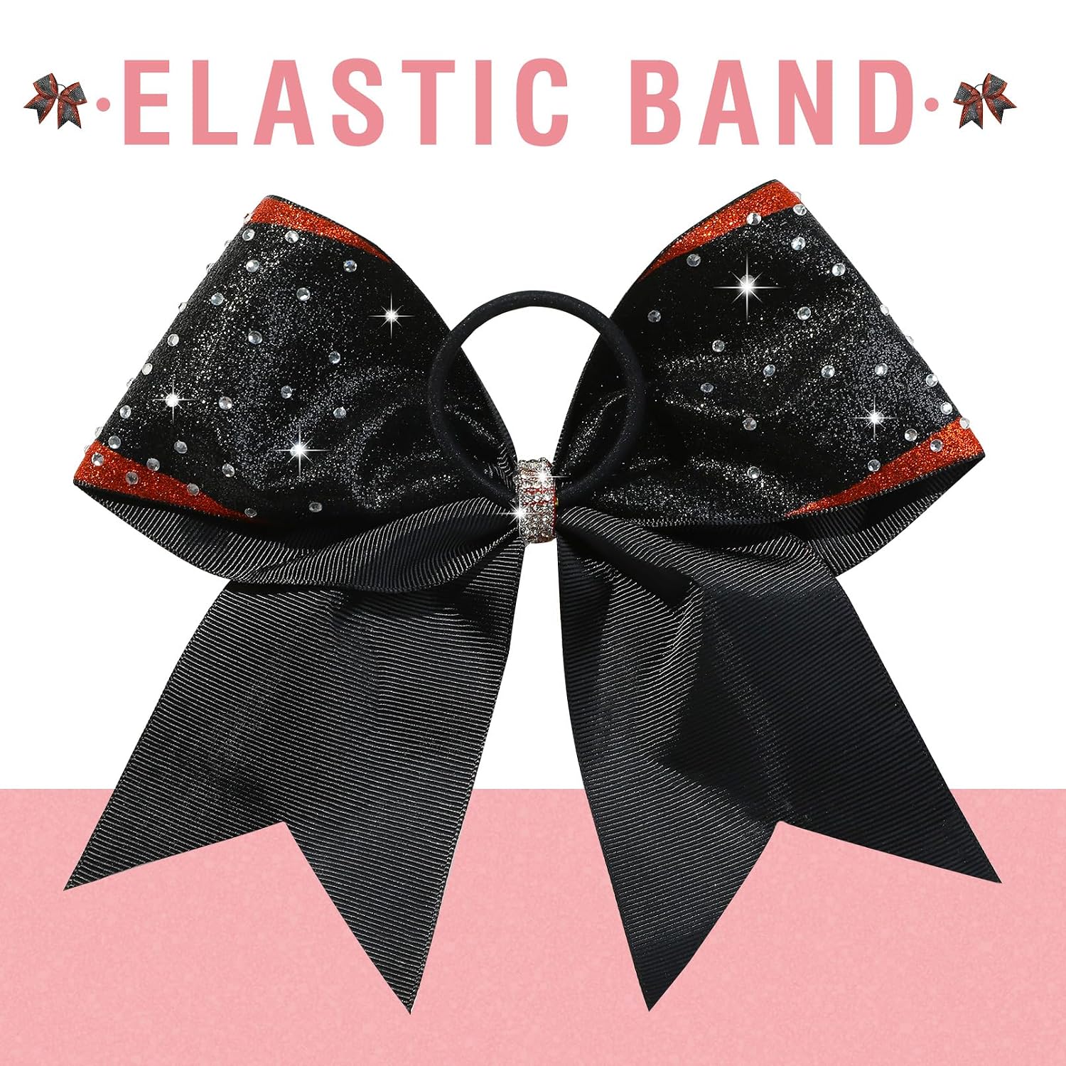 DEEKA 6PCS 8" Large Glitter Red and Black Cheer Bows Two Toned Rhinestones Stiff Cheer Hair Bows Elastic Band Competition Hair Accessories for Cheerleader Team Girls Sports -Red/Black