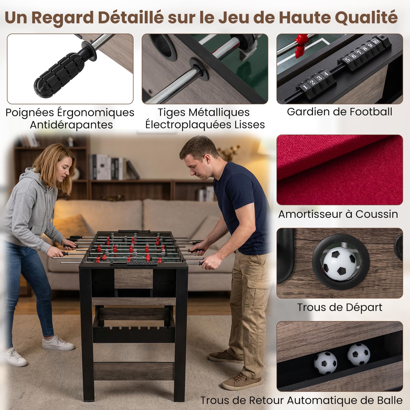 COSTWAY Table de Baby-Foot Pivotante avec Joueurs, Queues, Balles, Table Multijeux avec Pieds Réglables et Marqueur, Billard pour 2-4 Adultes Adolescents pour Salle de Jeux Fêtes