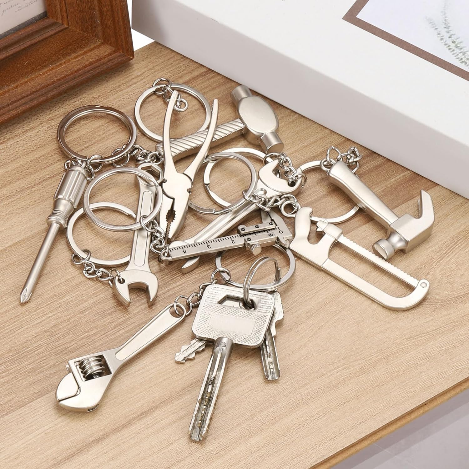 Mini Hand Tools Keychain, 3 Pack Metal Hardware Wrench Tool Keyring DIY Creative Tool Spanner Pendant for Screwdriver Hammer Claw Keychain, Silver