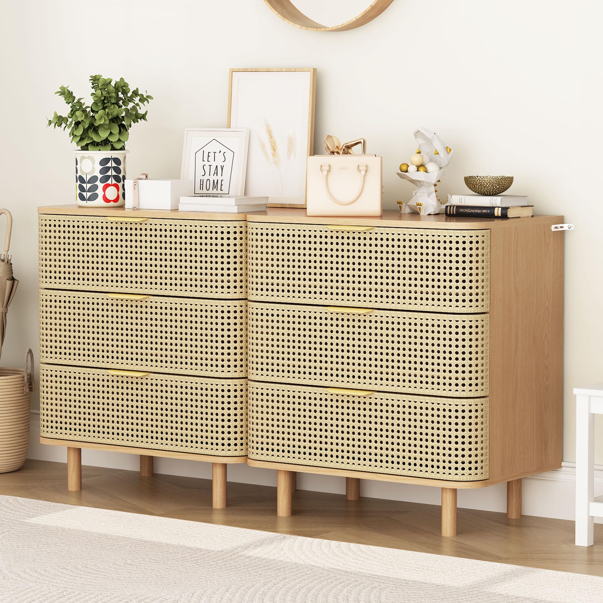 ORRD 3 Drawer Dresser Set of 2, Modern Iron Rattan Cabinet Dresser for Bedroom, Large Nightstand Accent Storage Chest of Drawers for Living Room,