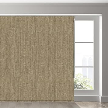 Blackout Cordless Sliding Panel Track Blind, 4-Rail or 6-Rail Track Vertical Blinds for Sliding Window Patio Door and Room Divider, Woven Fabric Curtain, Gold