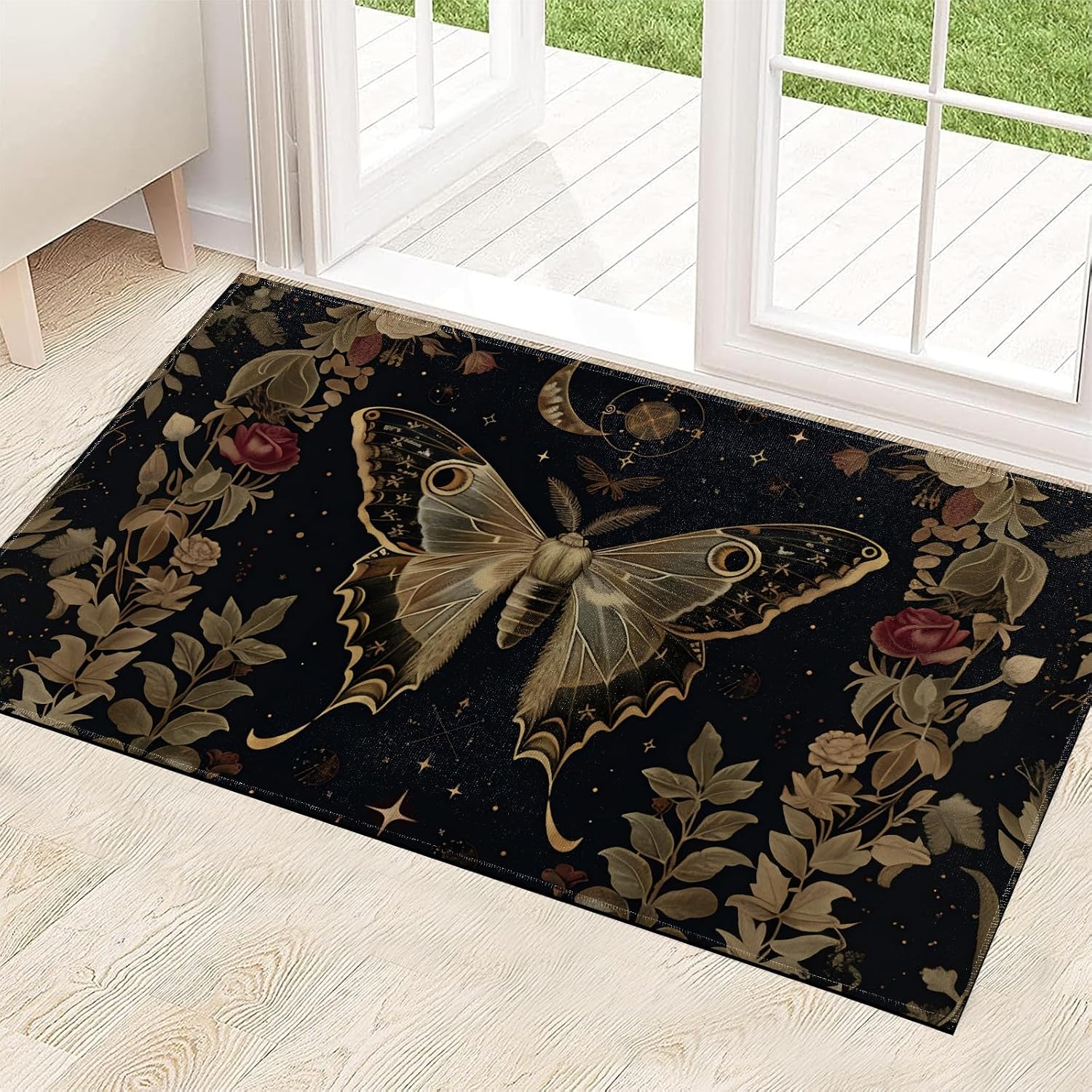 Moth Indoor Door Mat 29.5x17in,Non Slip Backing Gothic Celestial Floral Floor Mats,Non Woven Entryway Rug,Welcome Rugs Decor,for Entrance Inside Porch Bedroom Kitchen,Practical Doormats Gifts