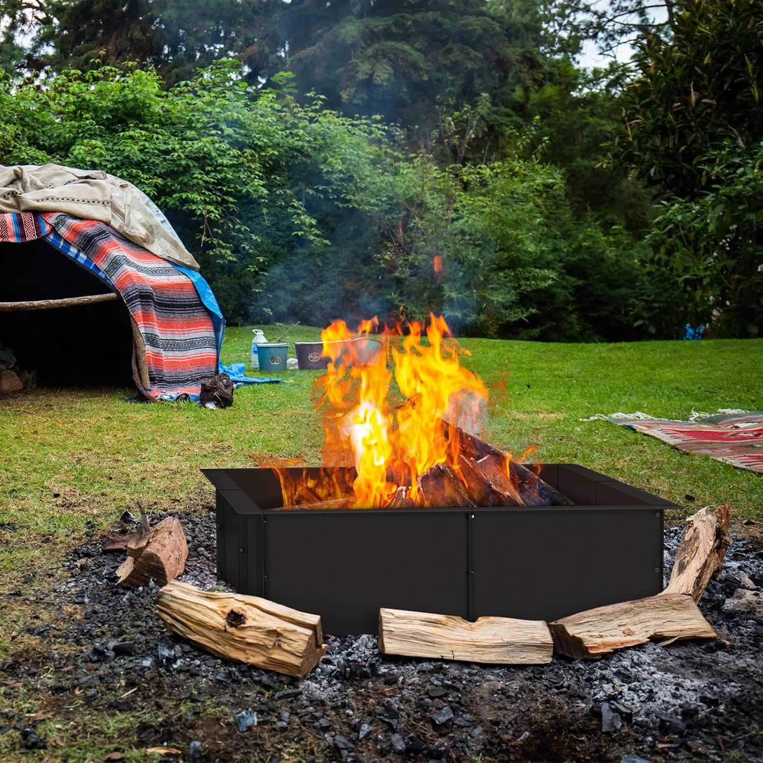 Fire Pit Ring Insert,In Ground Fire Ring,Portable DIY Metal Fire Pit Ring Outside Outdoor Campfire,Party Bonfire Pit,Camping Essentials Gear,Yard BBQ Tool (Rectangular)