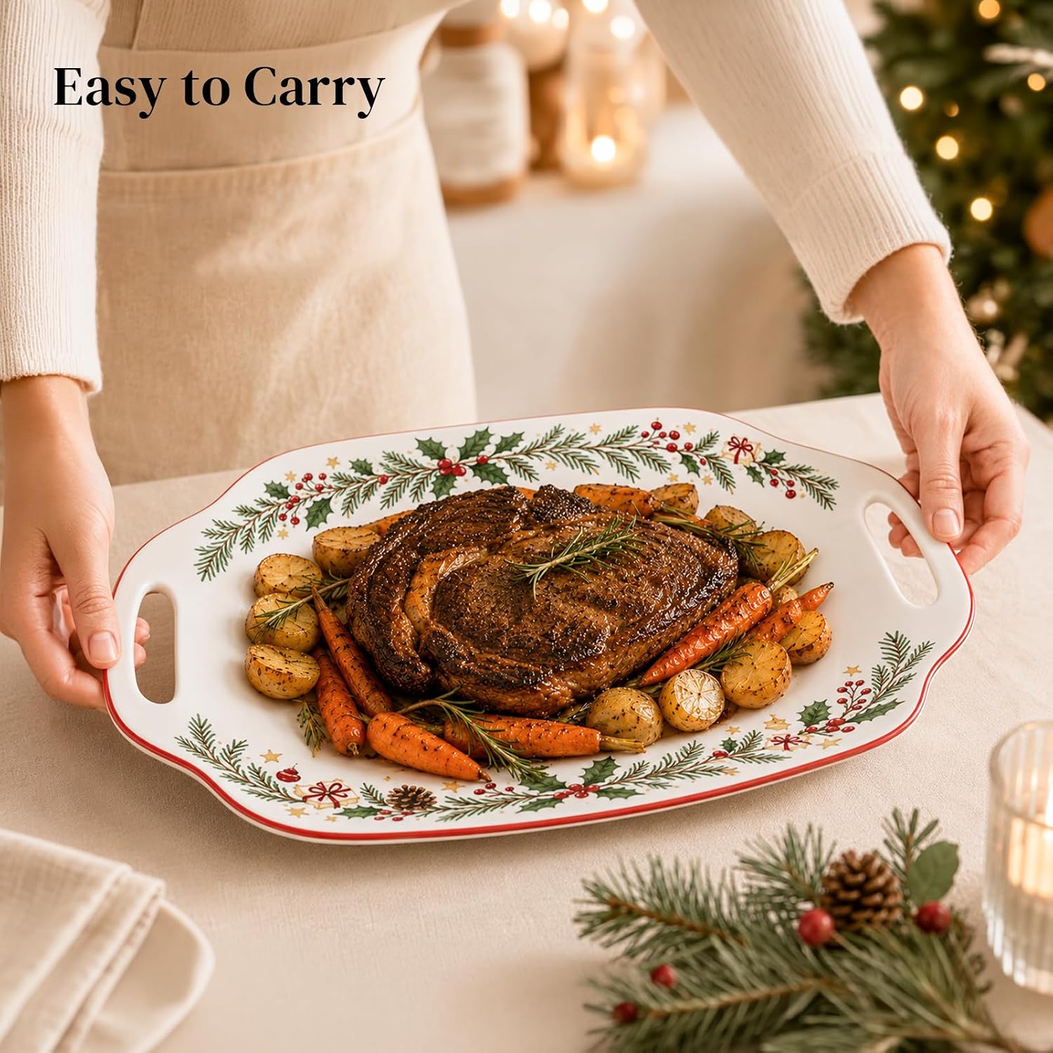 DOWAN Christmas Serving Tray with Handles - 16.5 Inch Large Ceramic Platter for Turkey, Ham & Party Food, Rectangular Serving Dish for Holiday Entertaining - Oven & Dishwasher Safe