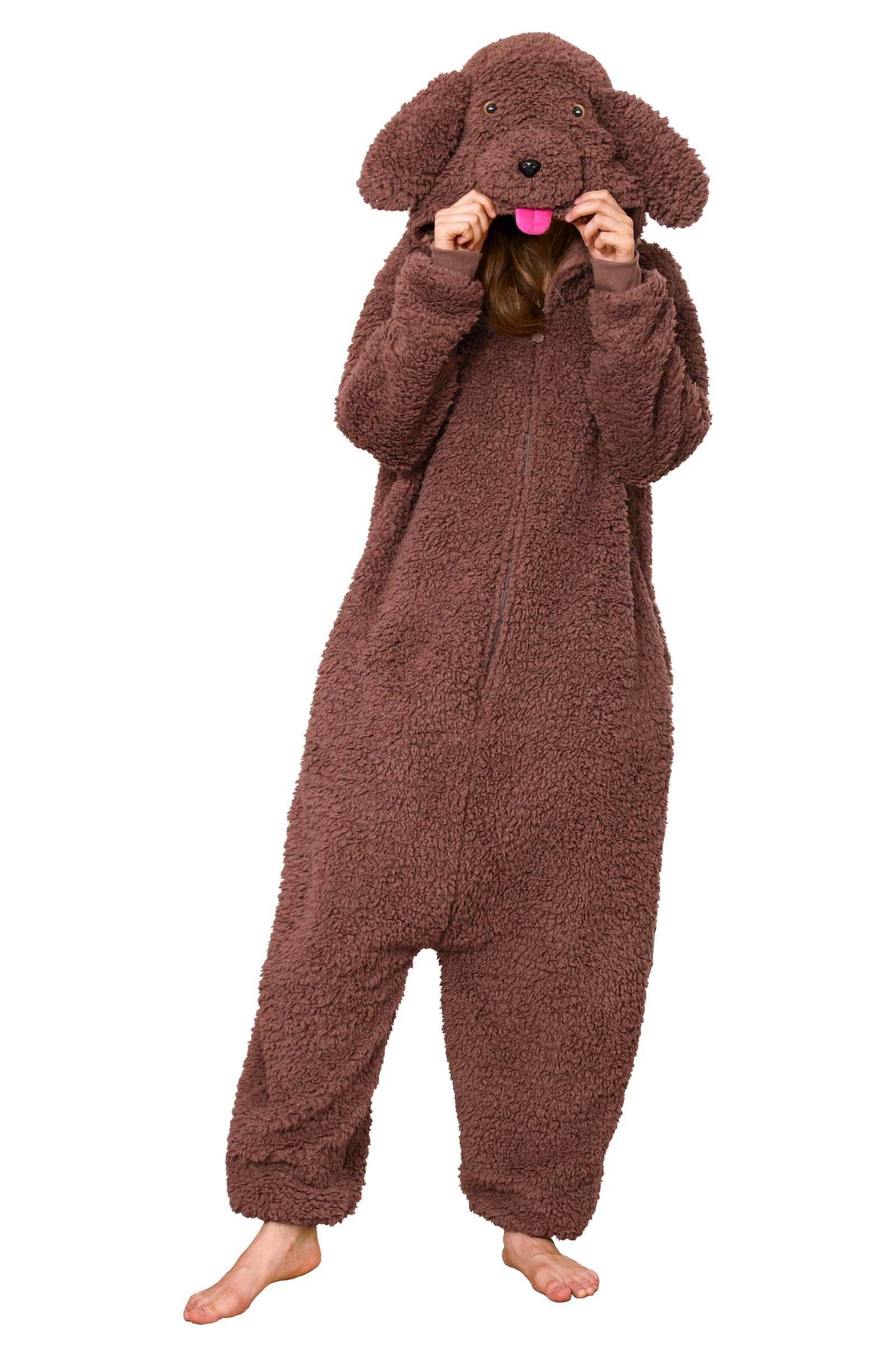 Loiahoer Unisex Adulto Barboncino Cane Costumi Cucciolo Cane Tutina Onesie Pigiama Costumi Peluche Teddy Dog Tuta Pigiama, Novità Animali Carnevale Halloween Costume per Donne Uomini,L