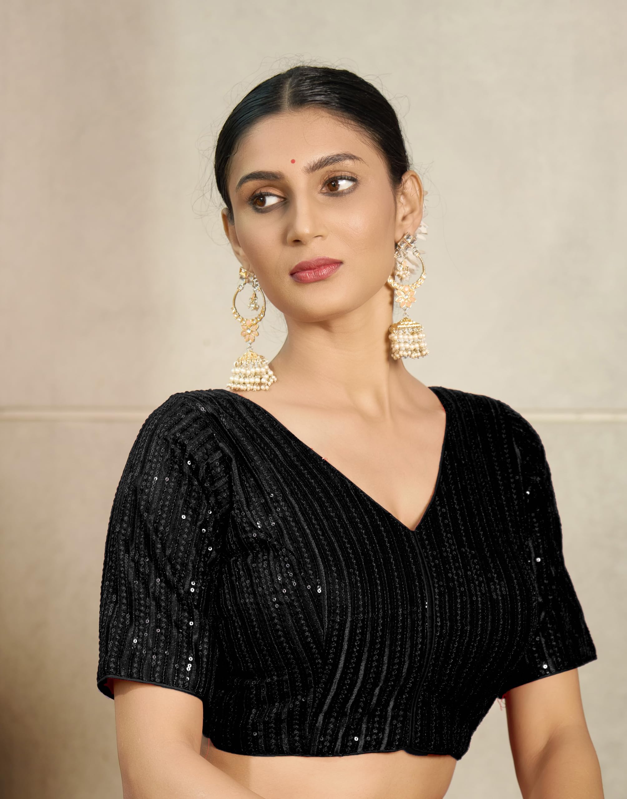 Vihu Fashion Women's Indian Ethnic Wear Designer Silver Sequence With Matching Embroidered Work V Neck Half Sleeve Readymade Padded Saree Blouse Readymade Unique Black Color Saree Blouse