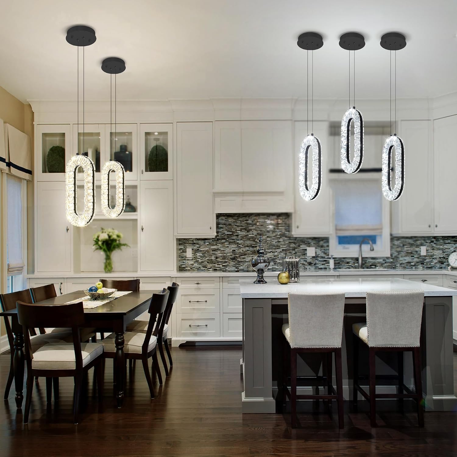 1-Light Modern Crystal Chandelier for Kitchen Island LED Dimmable Pendant Lighting Black Ring Chandelier for Dining Room Bedroom