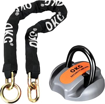 OKG Premium Heavy Duty Security Chain 4 ft x 1/2 in 12mm Thick & Security Ground Anchor - 9/16" 14mm Thick Hardened Swing Lock Shackle Combo Kits for Motorcycle, E-Bike, Garage Security